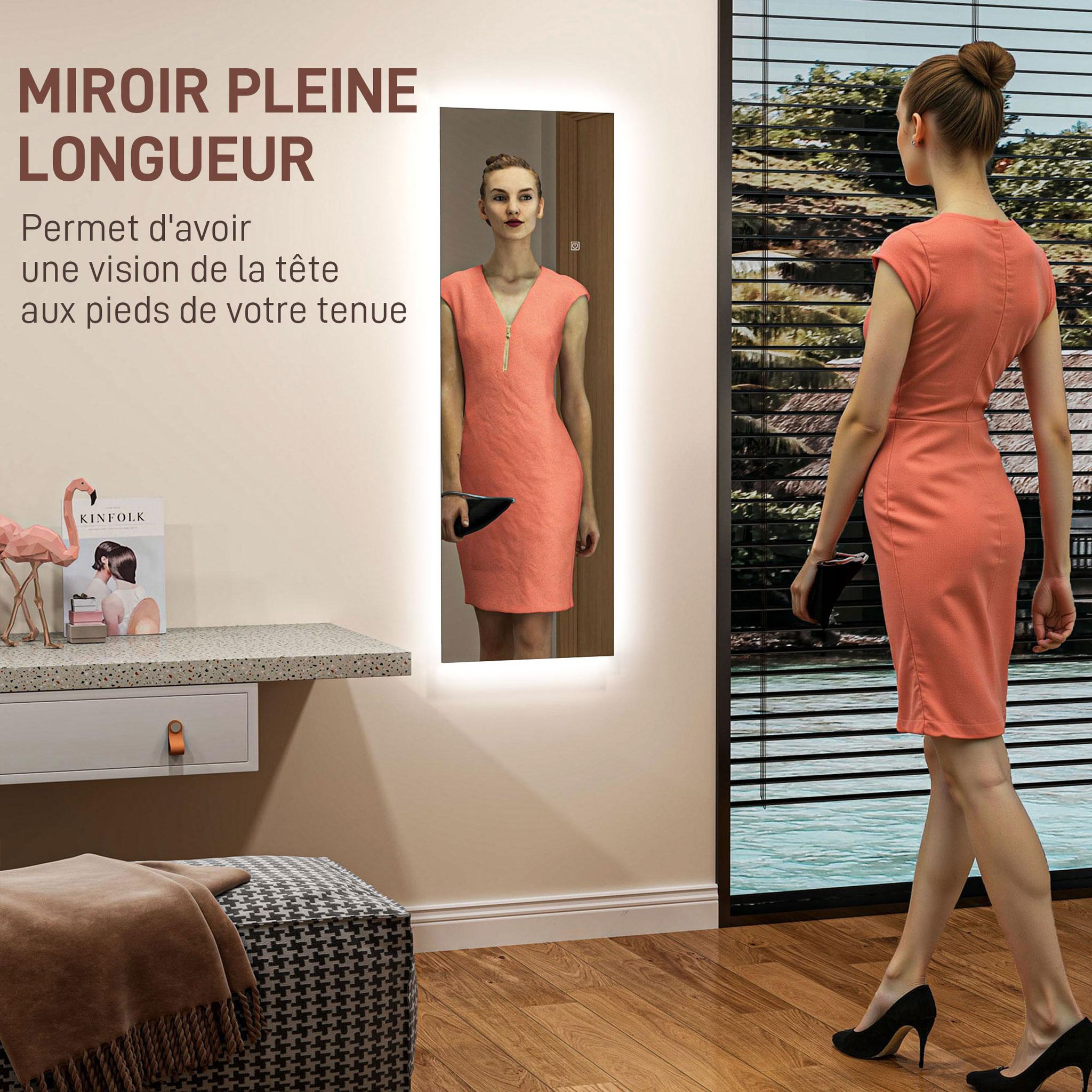 Voir la diapositive 4 : HOMCOM Miroir mural led pleine longueur dim. 40l x 120h cm - miroir led réglable tactile - verre trempé