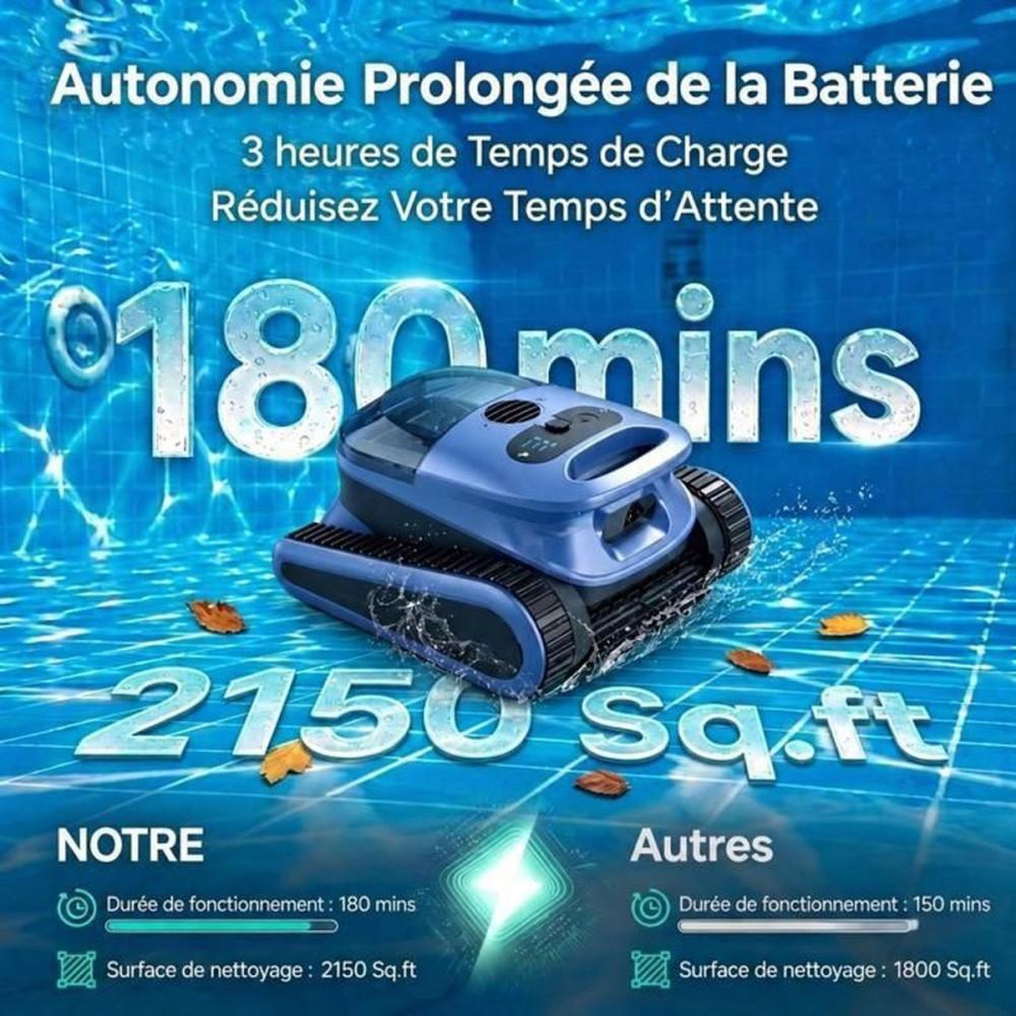 Voir la diapositive 3 : Nettoyeur de piscine robot sans fil, sols parois et marches, commande via appli, 180 min d'autonomie, jusqu'à 200 m²