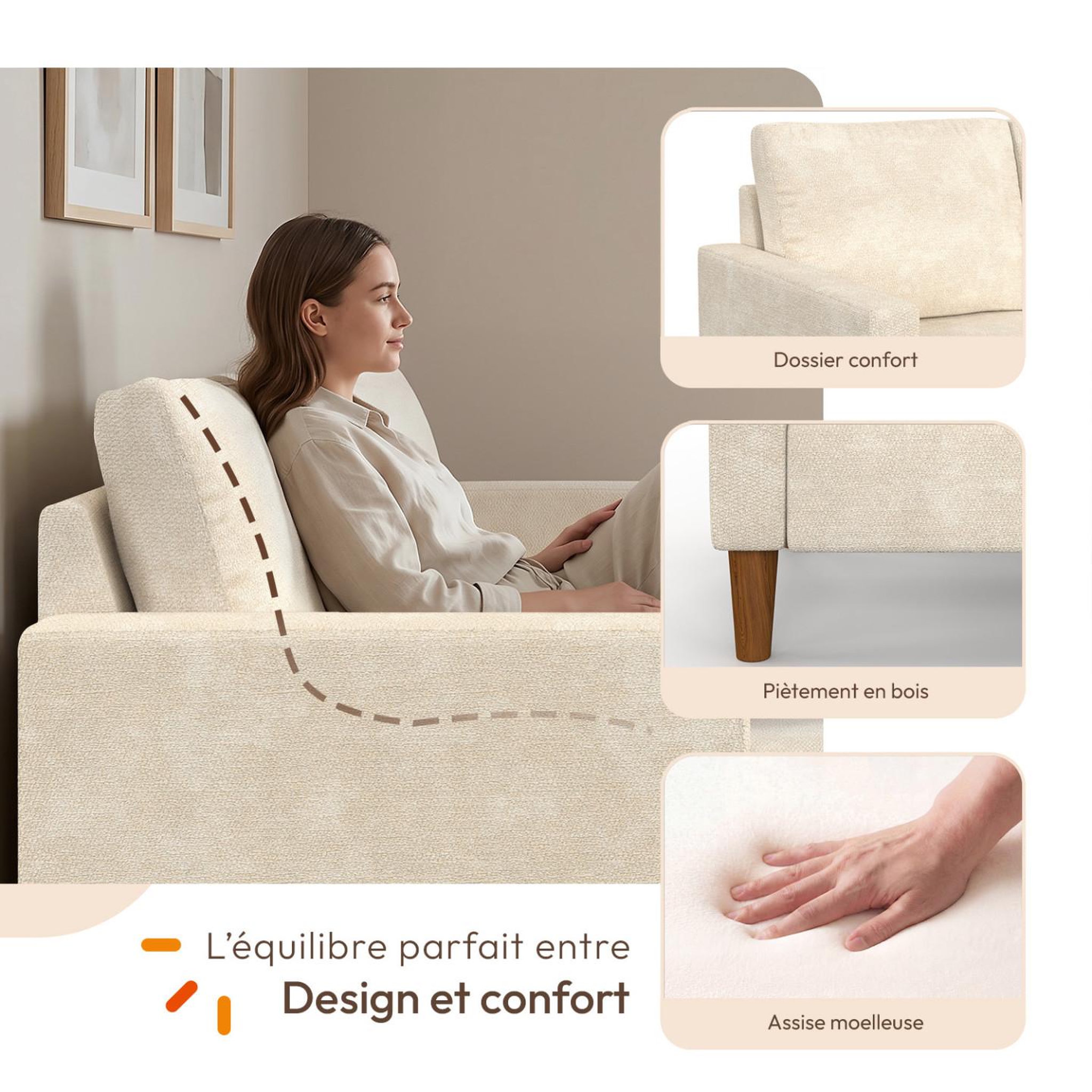 Voir la diapositive 4 : ID MARKET Canapé d'angle réversible 3 places marius 200 cm en tissu chenille beige