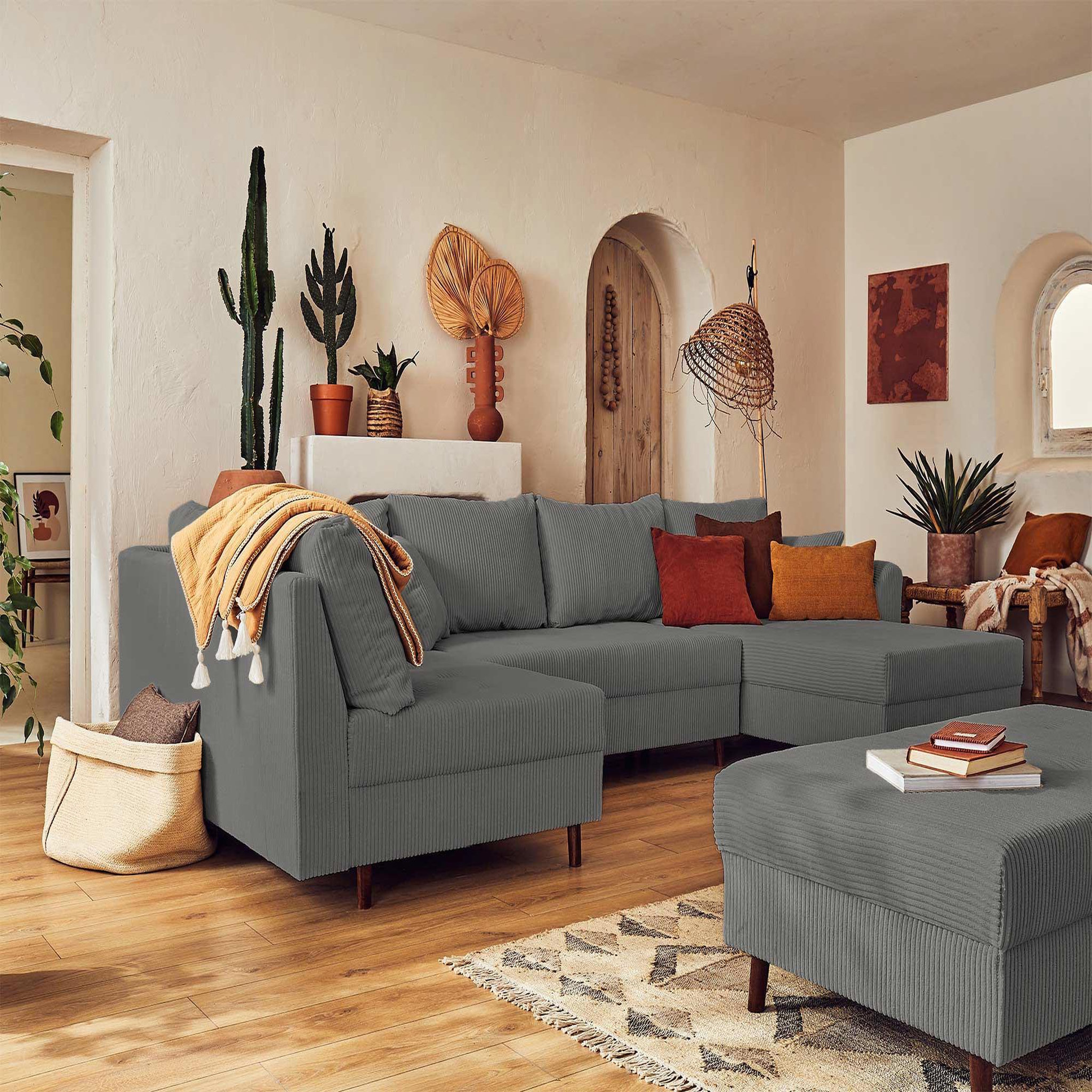 Voir la diapositive 2 : BEST MOBILIER Rune - canapé panoramique d'angle gauche - 7 places - avec pouf d'appoint - en velours côtelé