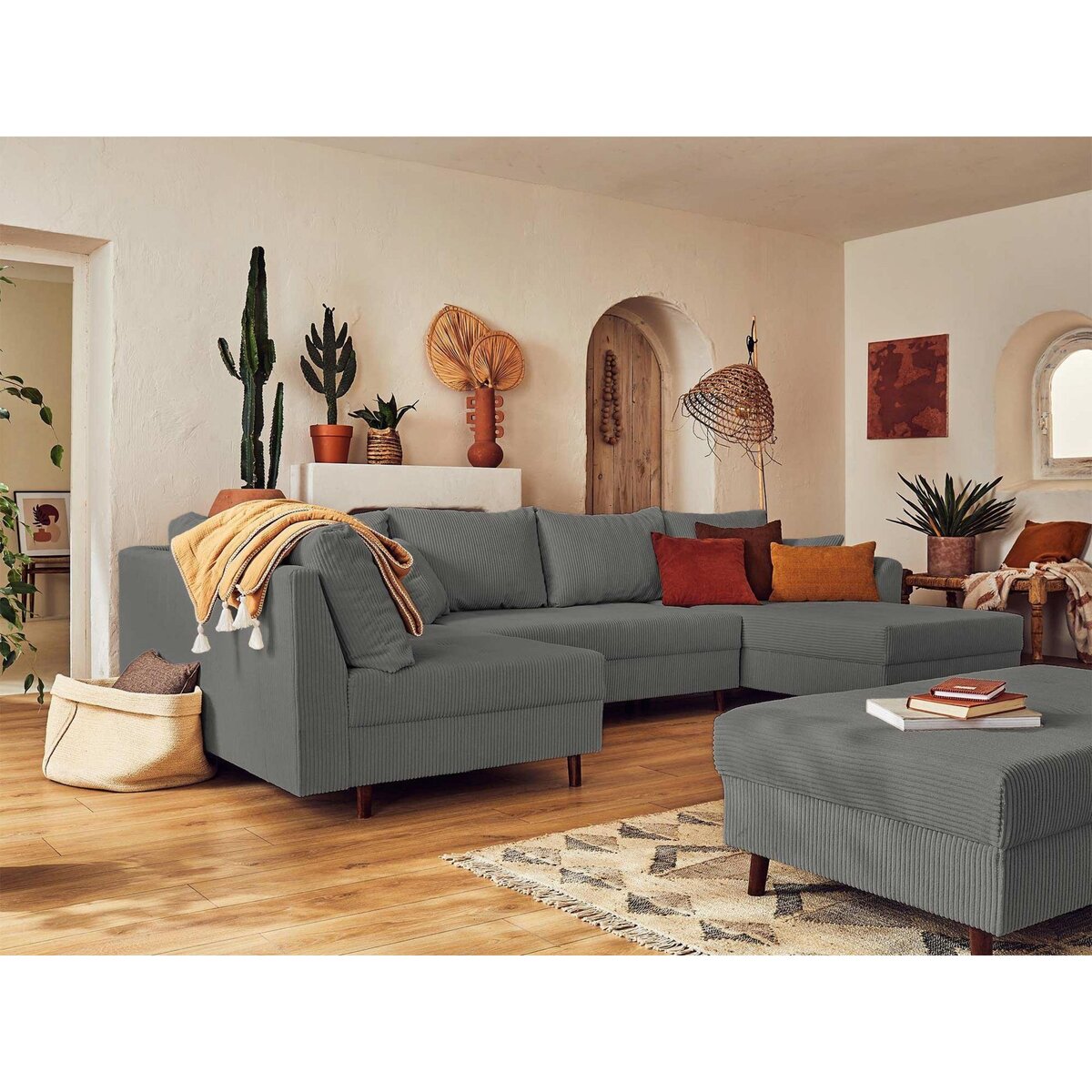 LISA DESIGN Rune - canapé panoramique d'angle gauche - 7 places - avec pouf d'appoint - en velours côtelé