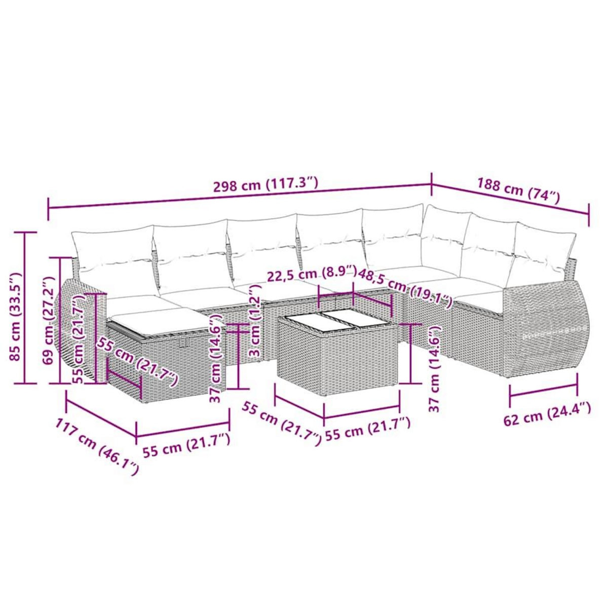 VIDAXL Salon de jardin avec coussins 9 pcs marron resine tressee
