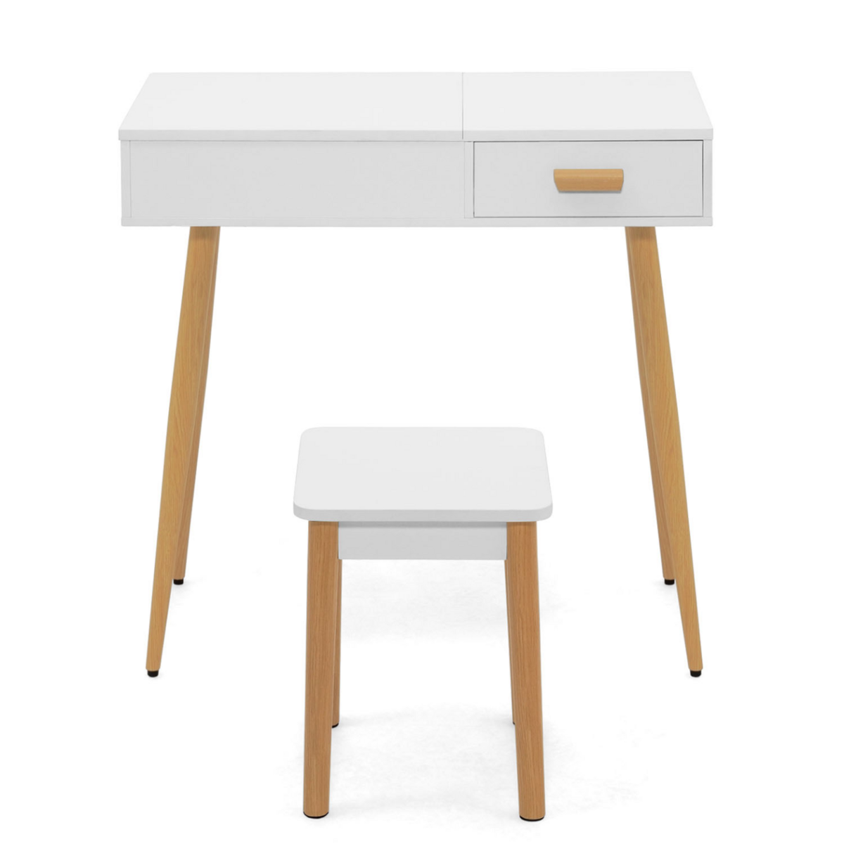 ID MARKET Coiffeuse scandinave LISA blanche miroir rabattable LED et tabouret