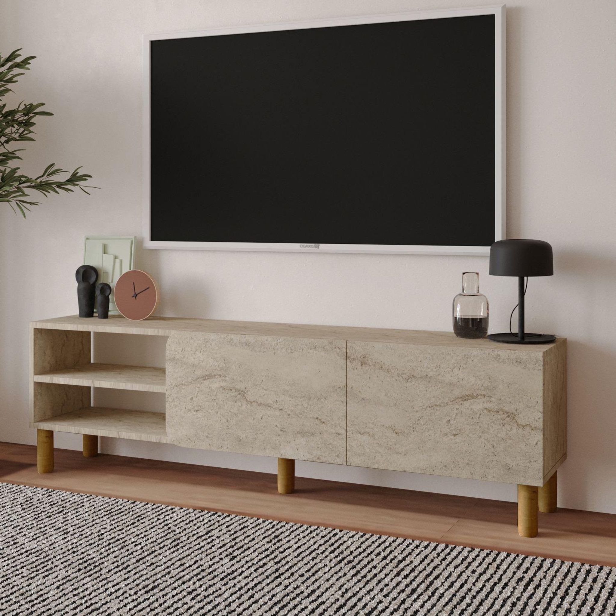 Voir la diapositive 4 : Habitat et Jardin Meuble tv en bois  river  - 150 x 31 x 48 cm - travertin