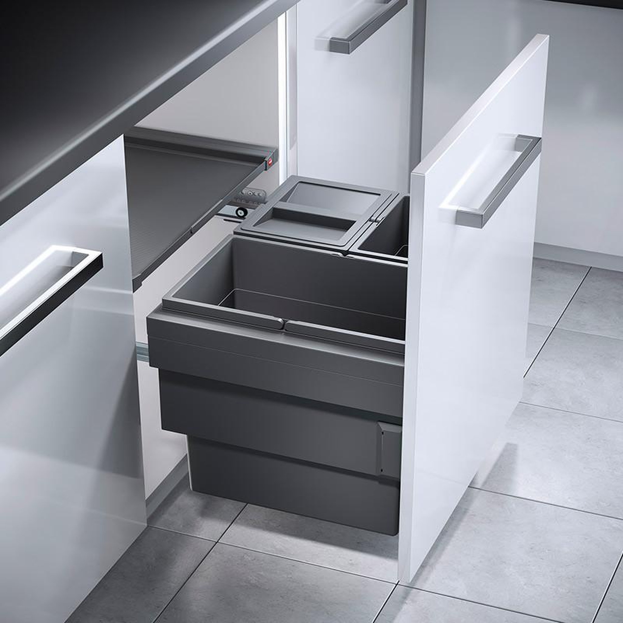 Voir la diapositive 2 : HAILO Poubelle de cuisine tri sélectif 3 bacs encastrable 54l (28+13+13) hailo cargo synchro