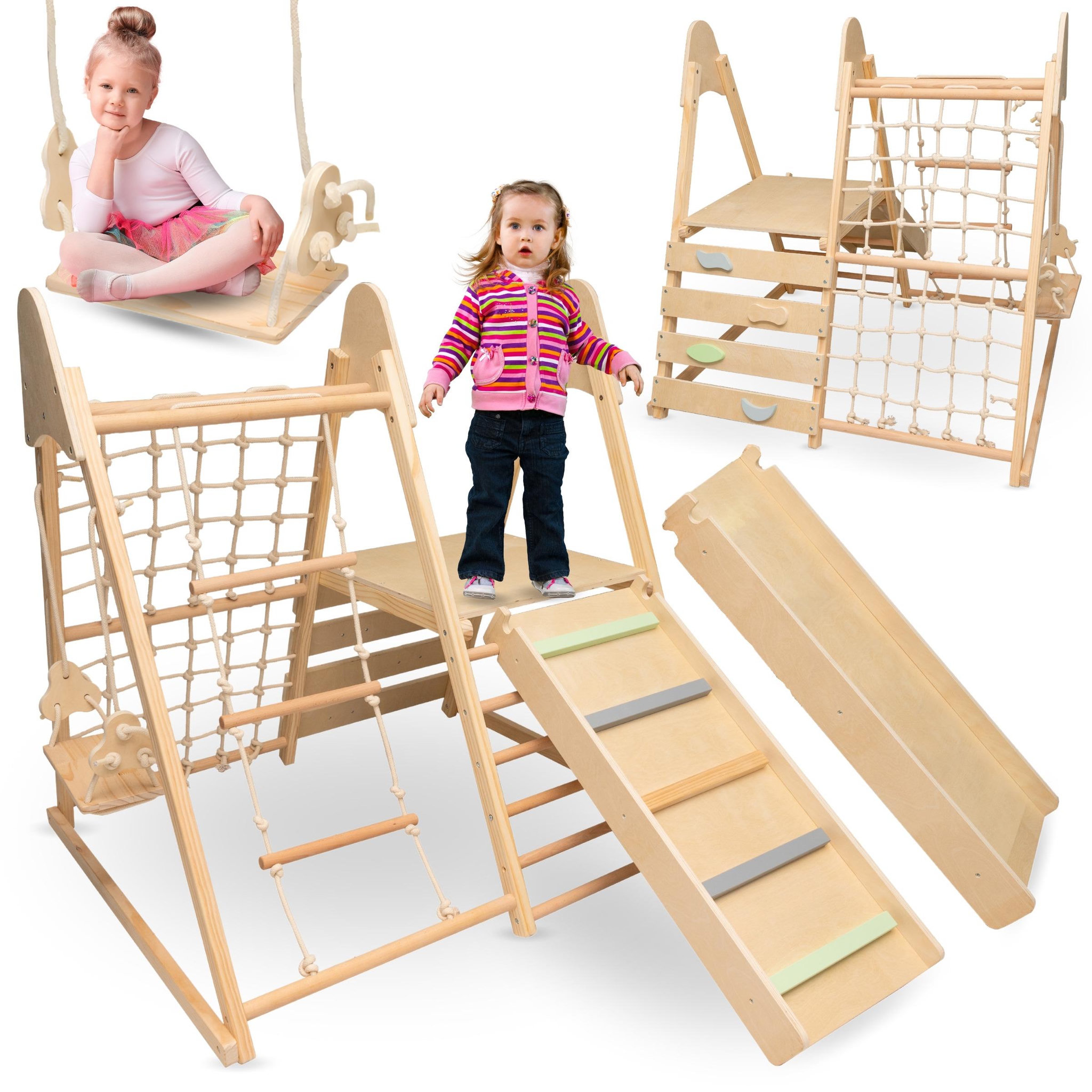 MAMABRUM Aire de jeux intérieure Mamabrum 5 en 1 en bois avec toboggan et balançoires-