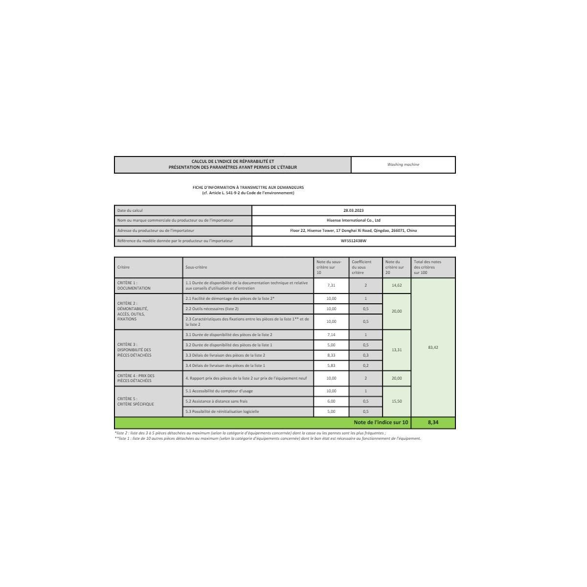 Hisense Lave-linge hublot 12kg 1400tours/min - WF5S1243BW