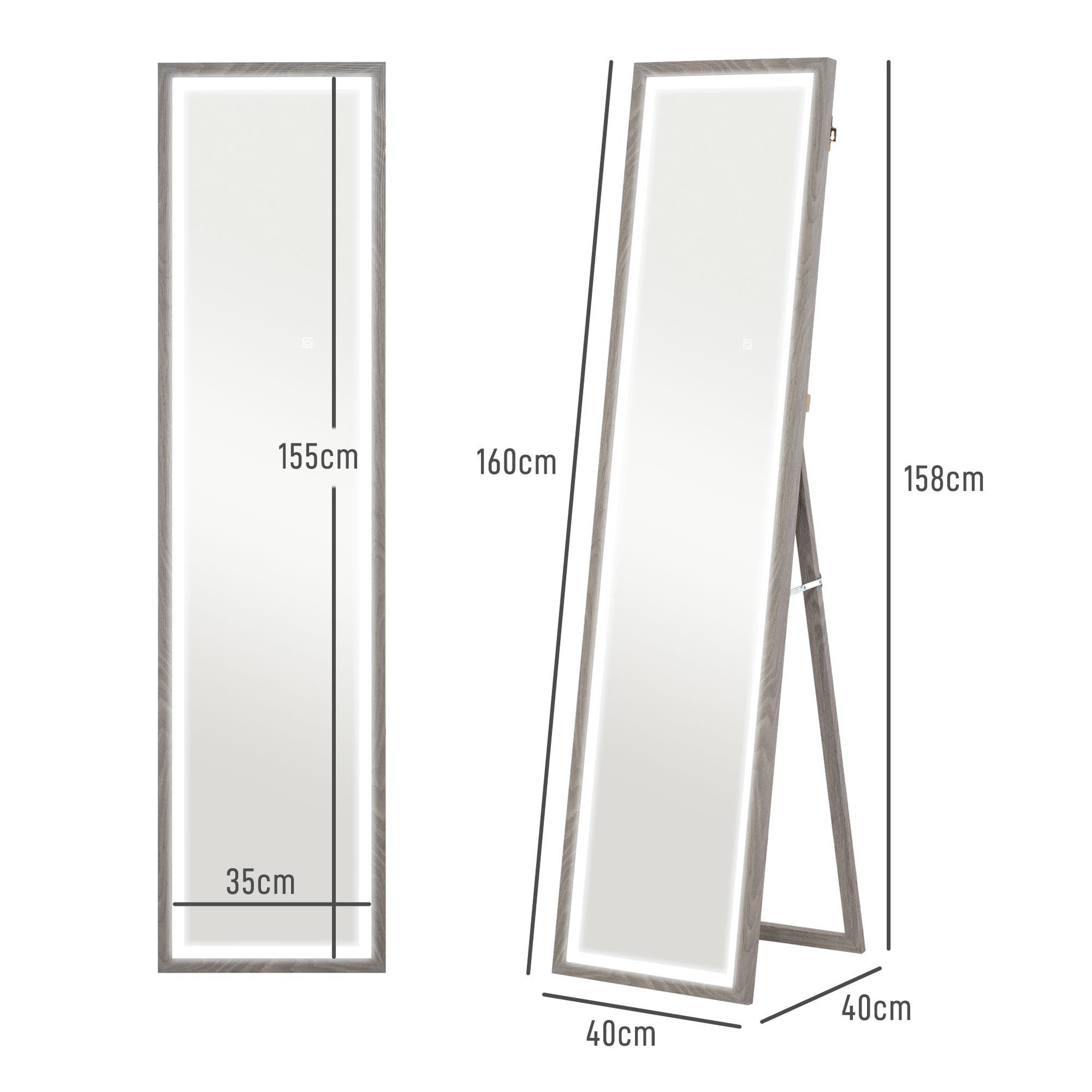 Voir la diapositive 3 : HOMCOM Grand miroir led pleine longueur 40 x 160 cm autoportant ou à fixer - 3 couleurs luminosité réglable - effet bois gris