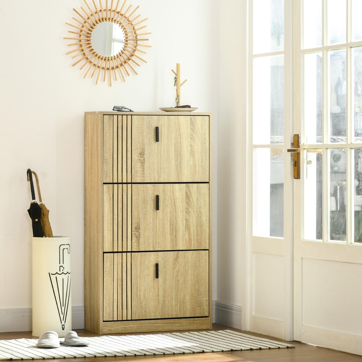 HOMCOM Meuble à chaussures design Urban Craft 3 portes abattantes 3 étagères poignées métal noir aspect chêne clair