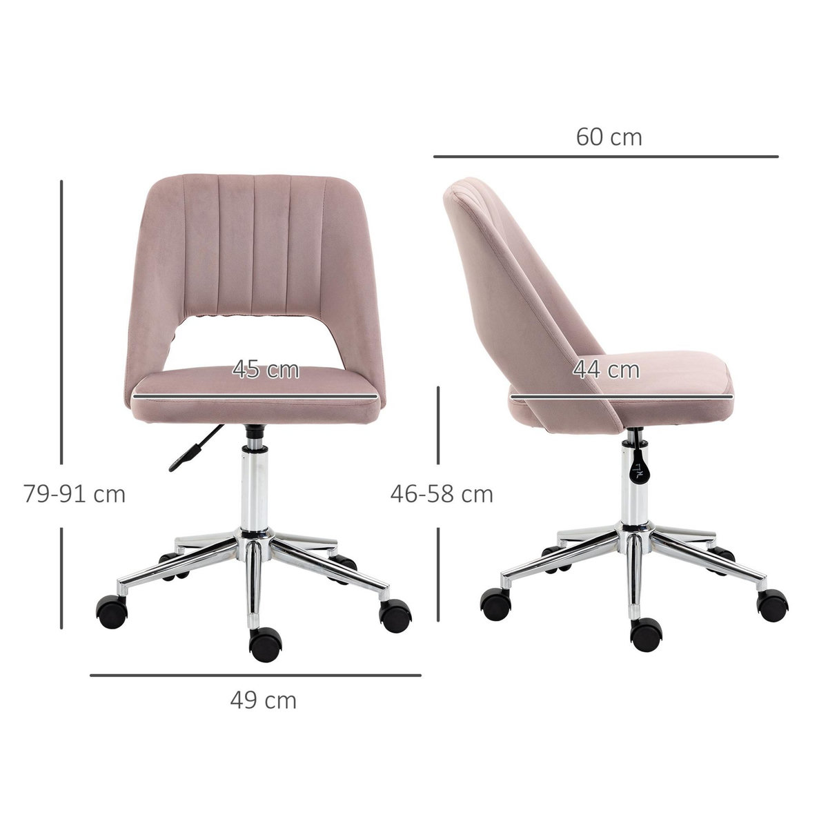 VINSETTO Vinsetto Chaise de bureau design contemporain dossier ergonomique ajouré strié hauteur réglable pivotante 360° piètement chromé velours rose poudré