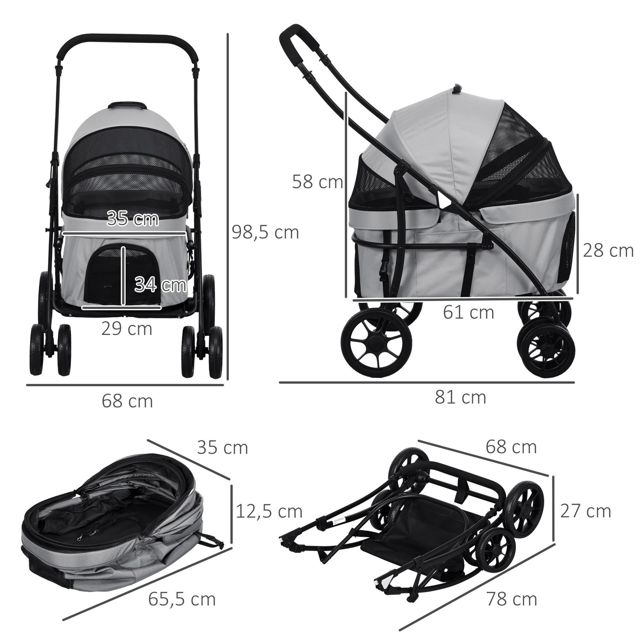 Voir la diapositive 3 : PAWHUT Poussette pour chien pliable nacelle 2 en 1 - poignée, housse zippée, pochette - acier oxford gris