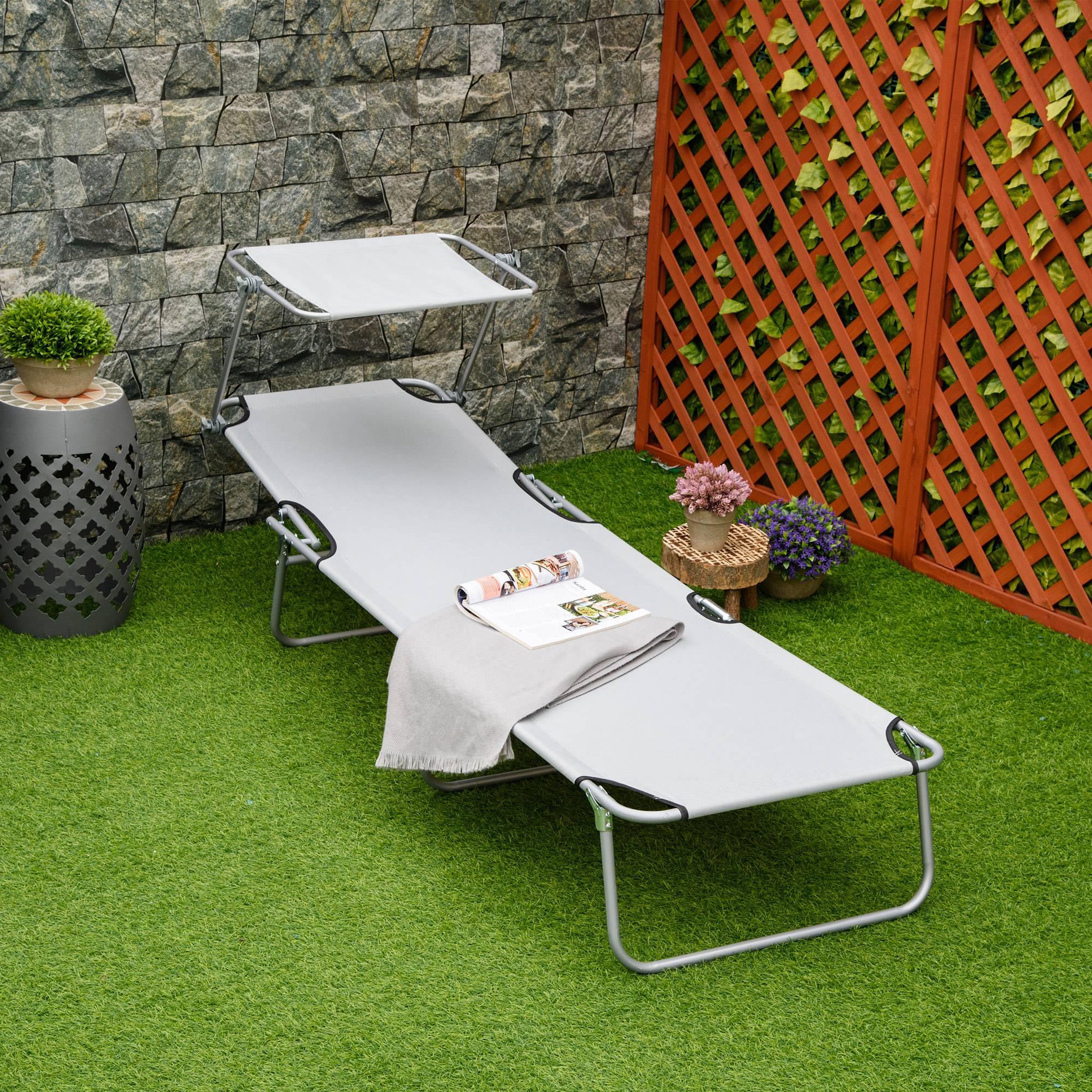 Voir la diapositive 4 : OUTSUNNY Transat bain de soleil pliable grand confort dossier et pare-soleil réglable multi-positions gris clair