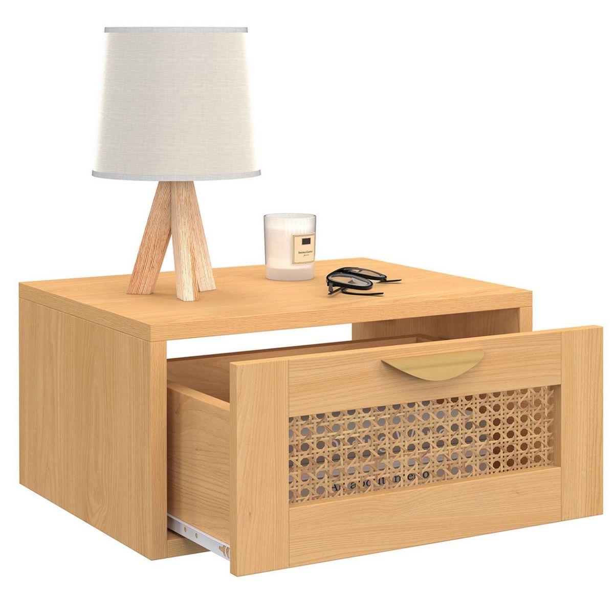 ID MARKET Lot de 2 tables de chevet murales EDHEN 1 tiroir étagère suspendue cannage et bois