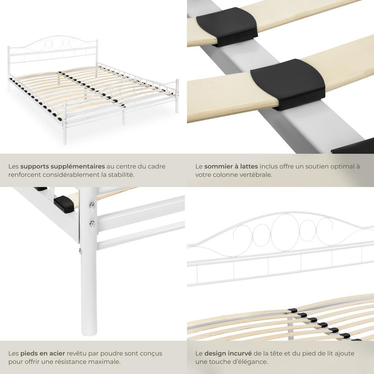 tectake Lit design moderne avec sommier avec Cadre en Acier solide blanc/blanc