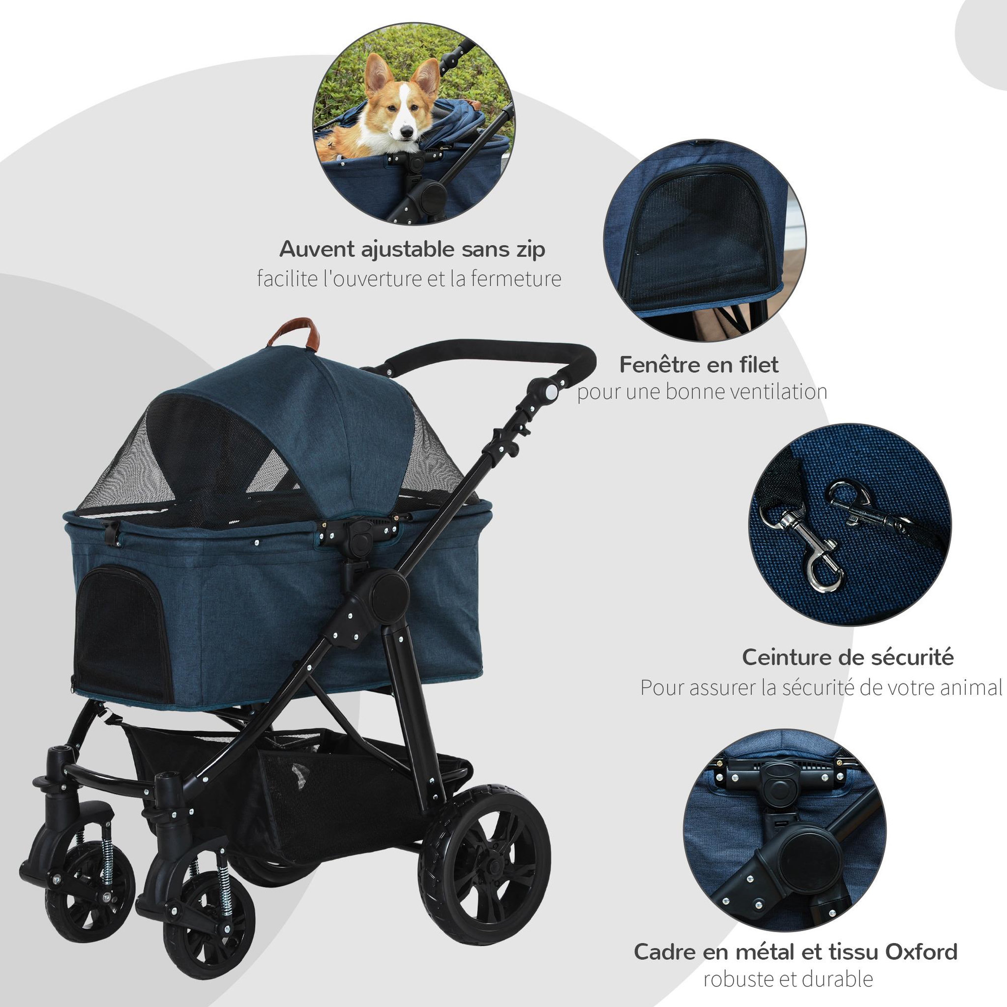 Voir la diapositive 6 : PAWHUT Poussette buggy pliable chien chat amortisseurs panier de rangement 2 attaches sécurité housse réglable acier Oxford bleu foncé