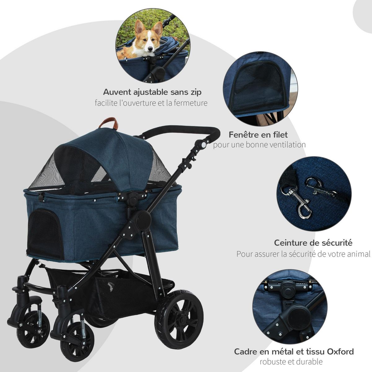 PAWHUT Poussette buggy pliable chien chat amortisseurs panier de rangement 2 attaches sécurité housse réglable acier Oxford bleu foncé