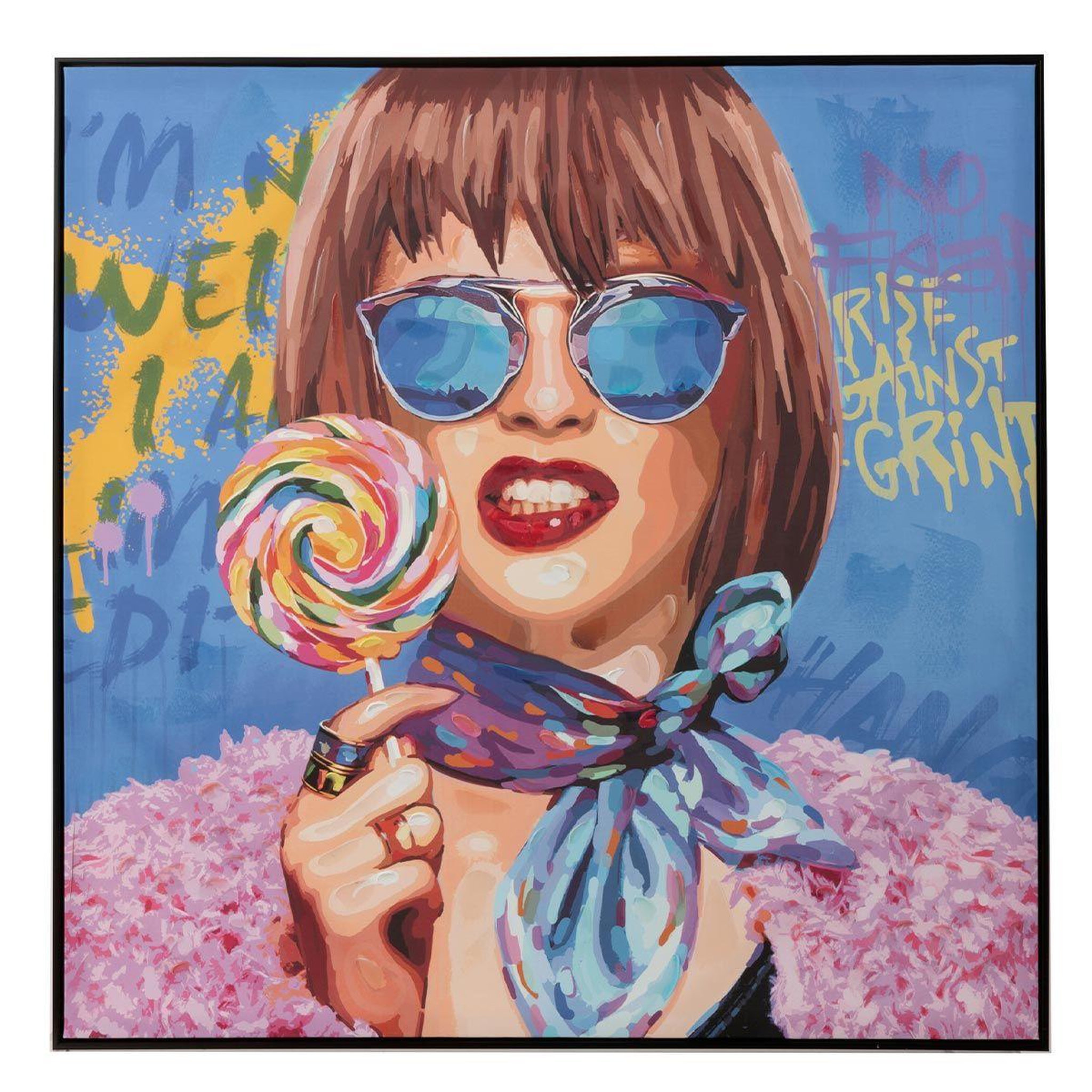 Voir la diapositive 1 : J-LINE Tableau Peinture Femme Sucette  Pop Art  100x100cm Multicolore