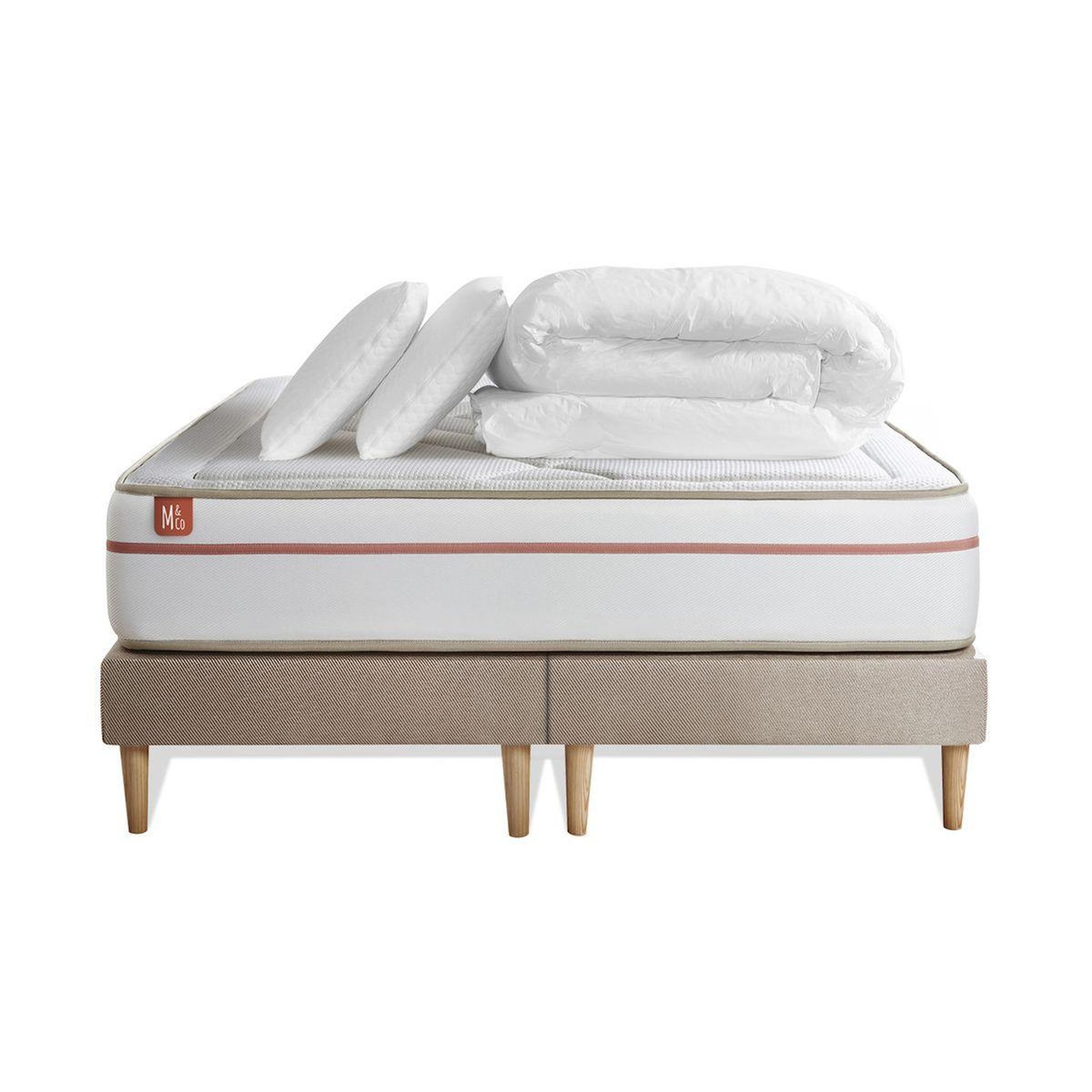 MARMOTTES&CO Pack prêt à dormir matelas LE PAISIBLE 200x200cm Mémoire de forme BioVisco + double sommiers Beige + 2 oreillers + couette