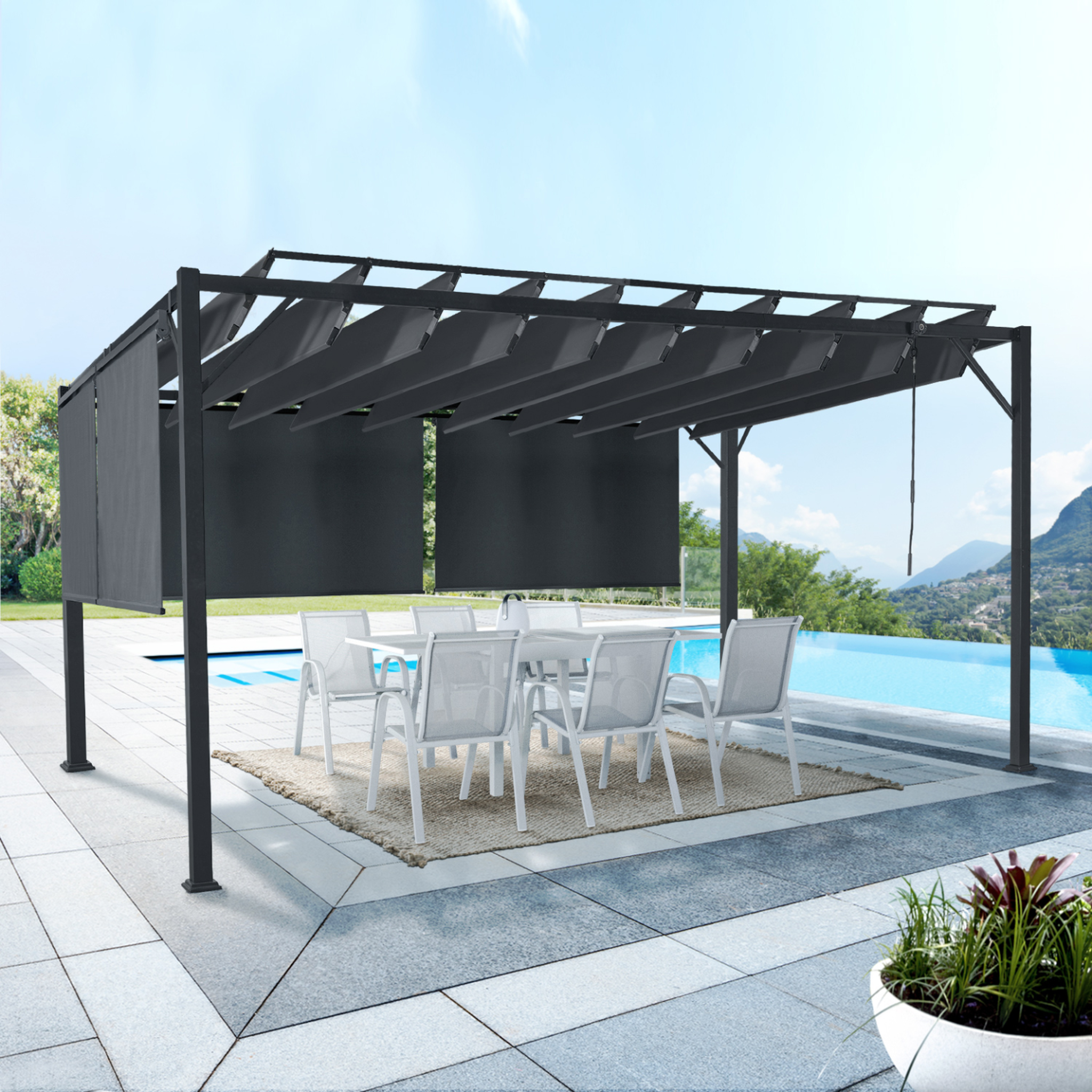 Voir la diapositive 2 : ID MARKET Pergola édition luxe lames orientables 3x4 m et 4 stores gris anthracite