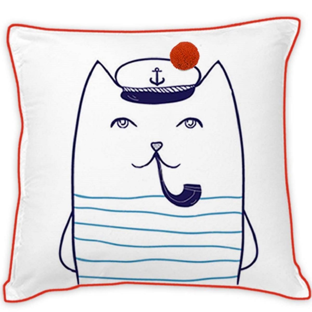 FUTURE HOME Coussin enfant imprimé chat marin en coton 40x40cm CAPTAIN