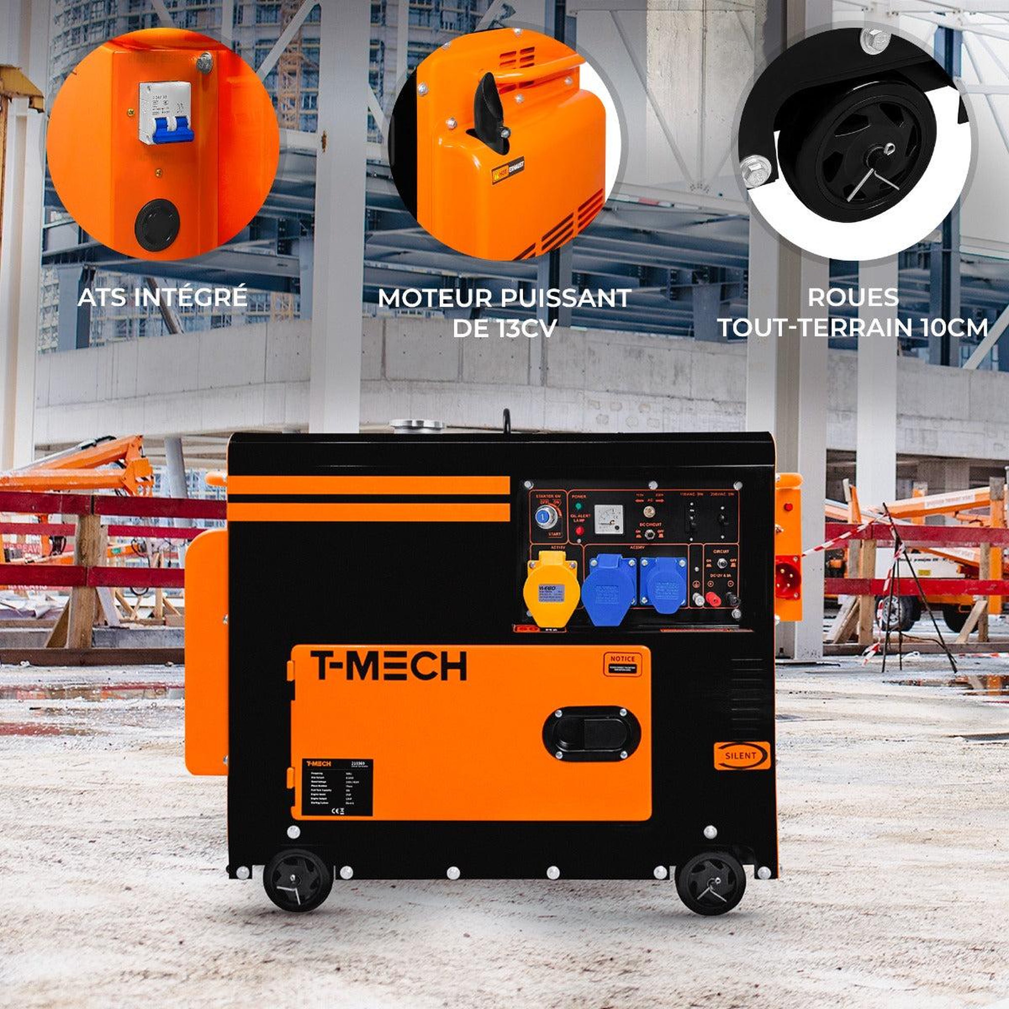 Voir la diapositive 2 : T-MECH Ggénérateur à diesel monophasé 230 v - 6 500 w