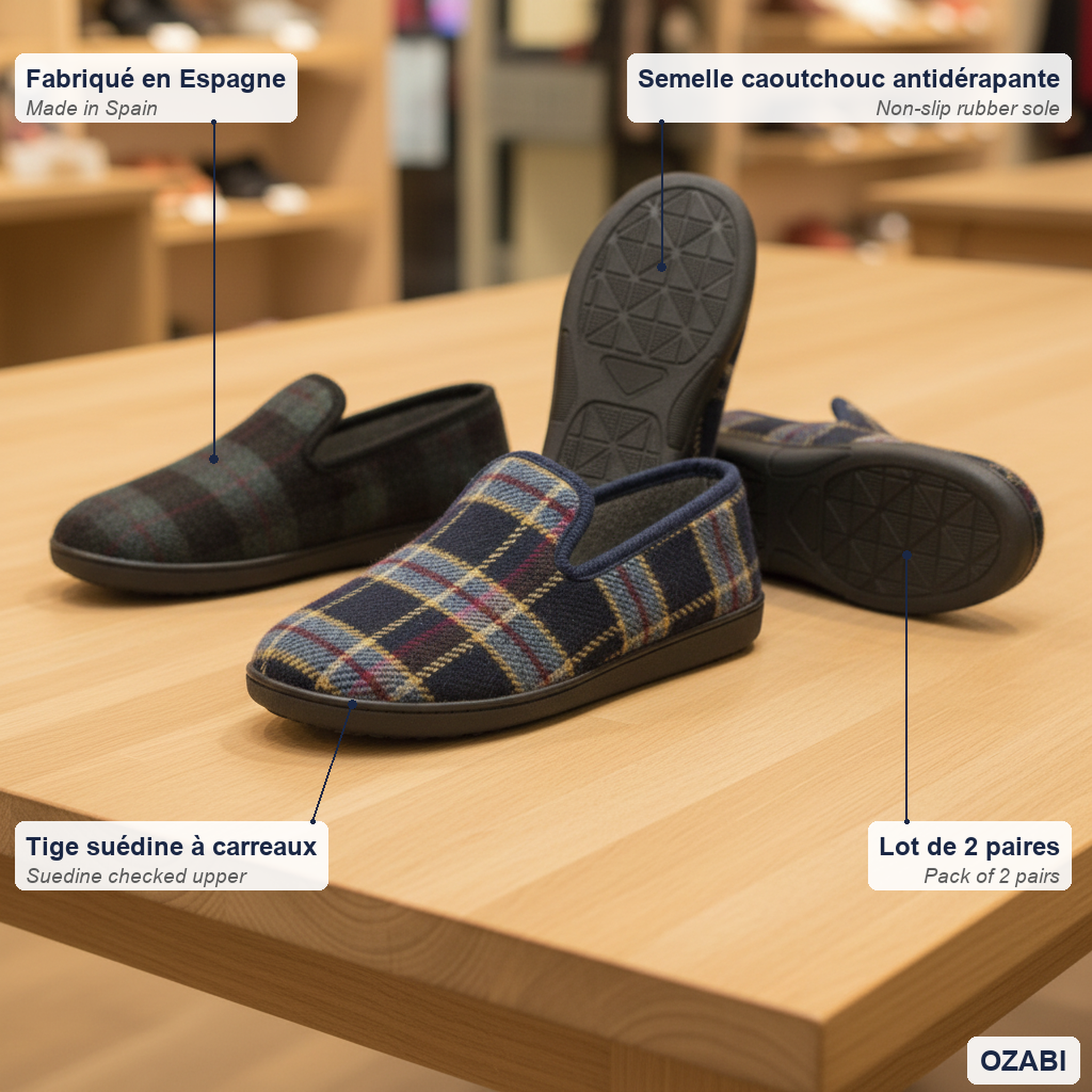Voir la diapositive 5 : OZABI Ozabi pack de 2 paires pantoufles charentaises homme fabriquées en espagne