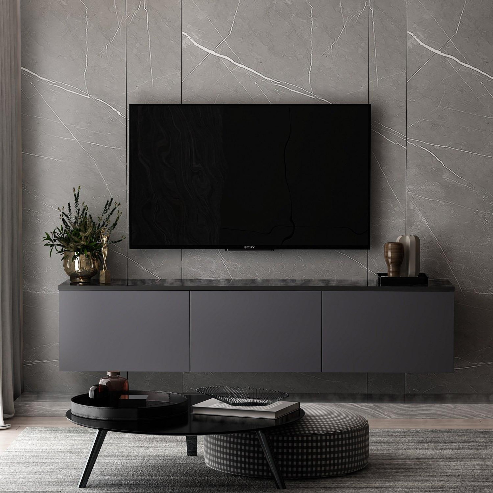 Voir la diapositive 3 : Habitat et Jardin Meuble tv suspendu en bois avec éclairage led  neon  - 160 x 32 x 35 cm - gris anthracite