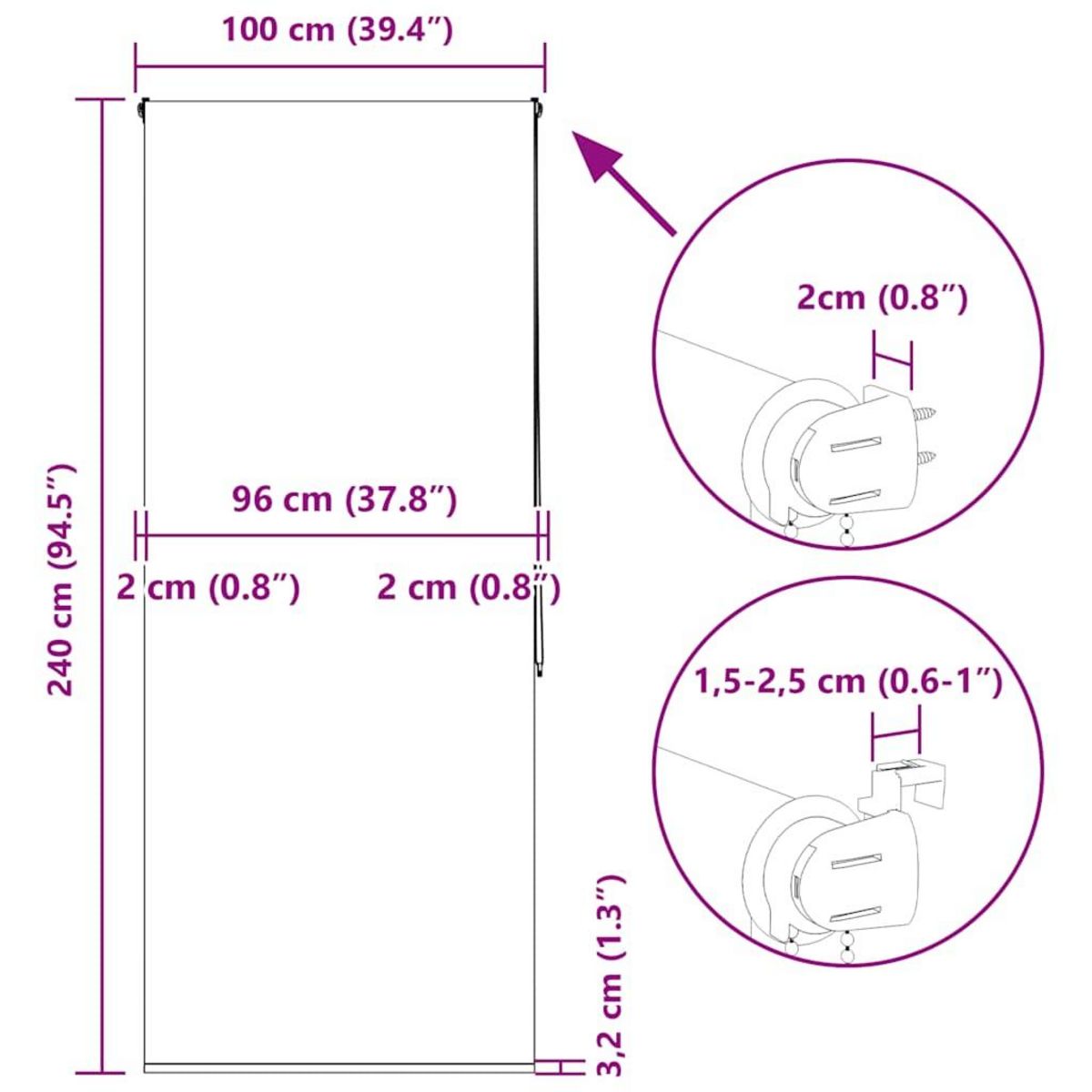 VIDAXL Store enrouleur de douche 100x240 cm largeur du tissu 96 cm