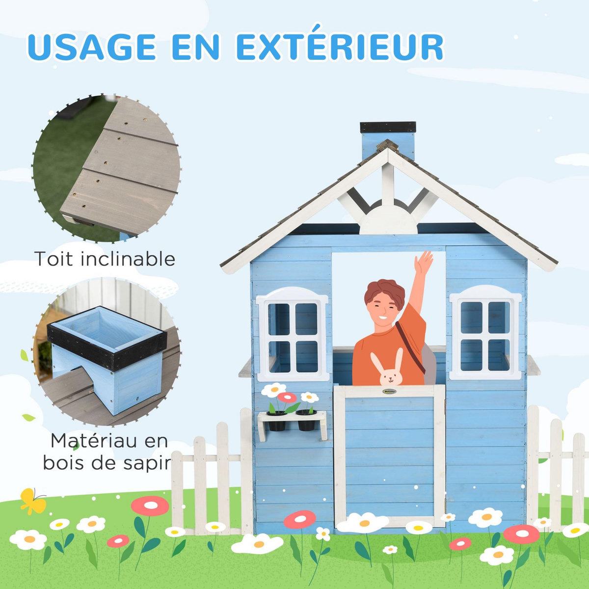 OUTSUNNY Maison de jeux enfant - jeu plein air maisonnette enfant - dim. 151L x 112l x 142H cm - bois sapin bleu blanc gris