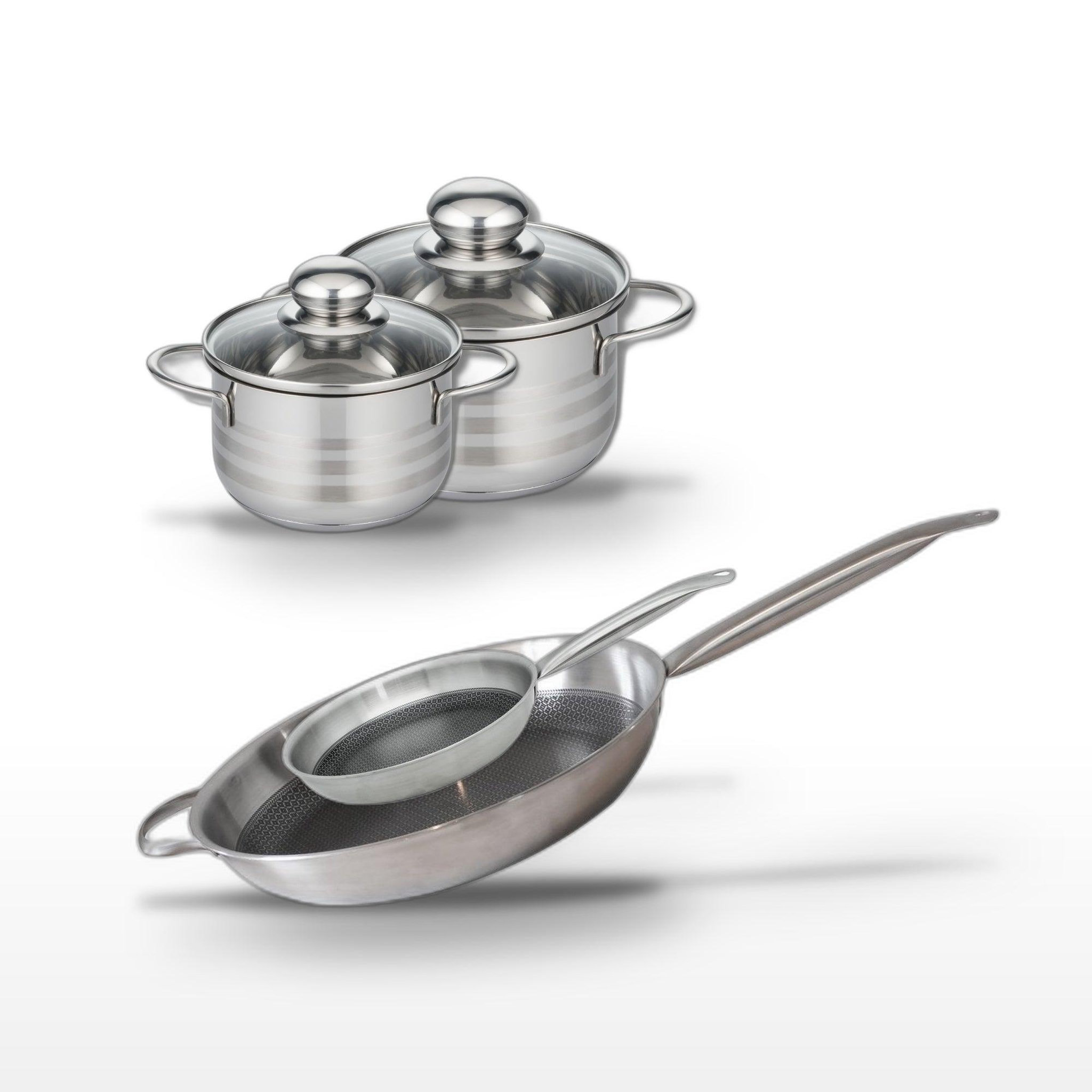ELO Batterie de cuisine avec 2 faitouts 12/14 cm et 2 poêles de cuisson 24/32 cm en inox et acier sans pfas elo collection relief solution brillant
