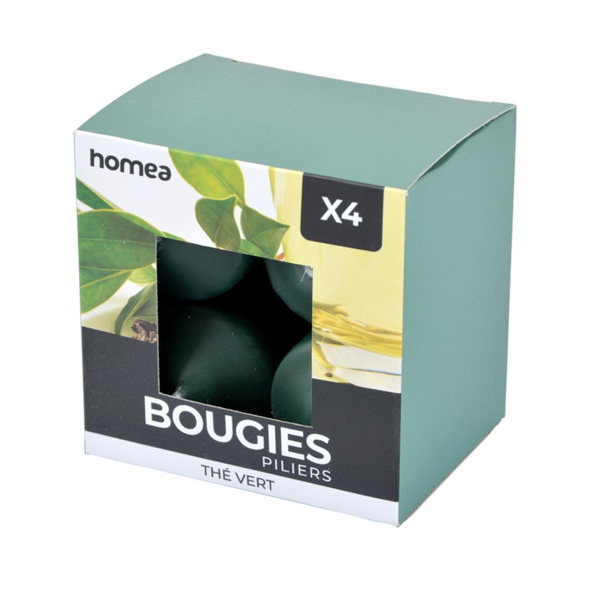 Voir la diapositive 2 : HOMEA Lot de 4 bougies pilier  essentiel ii  6cm thé vert