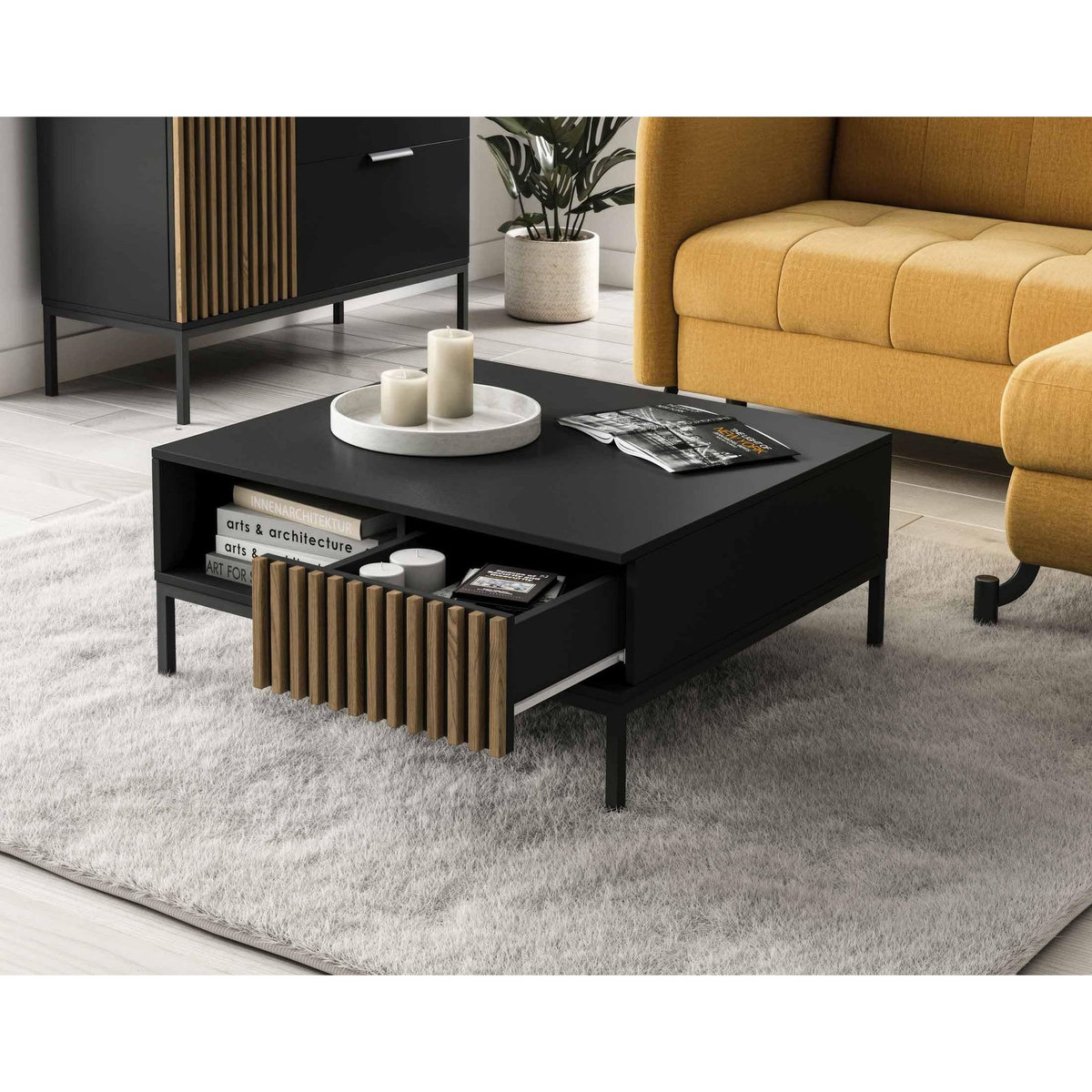 BEST MOBILIER Savanna - table basse - effet bois et noir - 1 tiroir et 1 niche - 80 cm