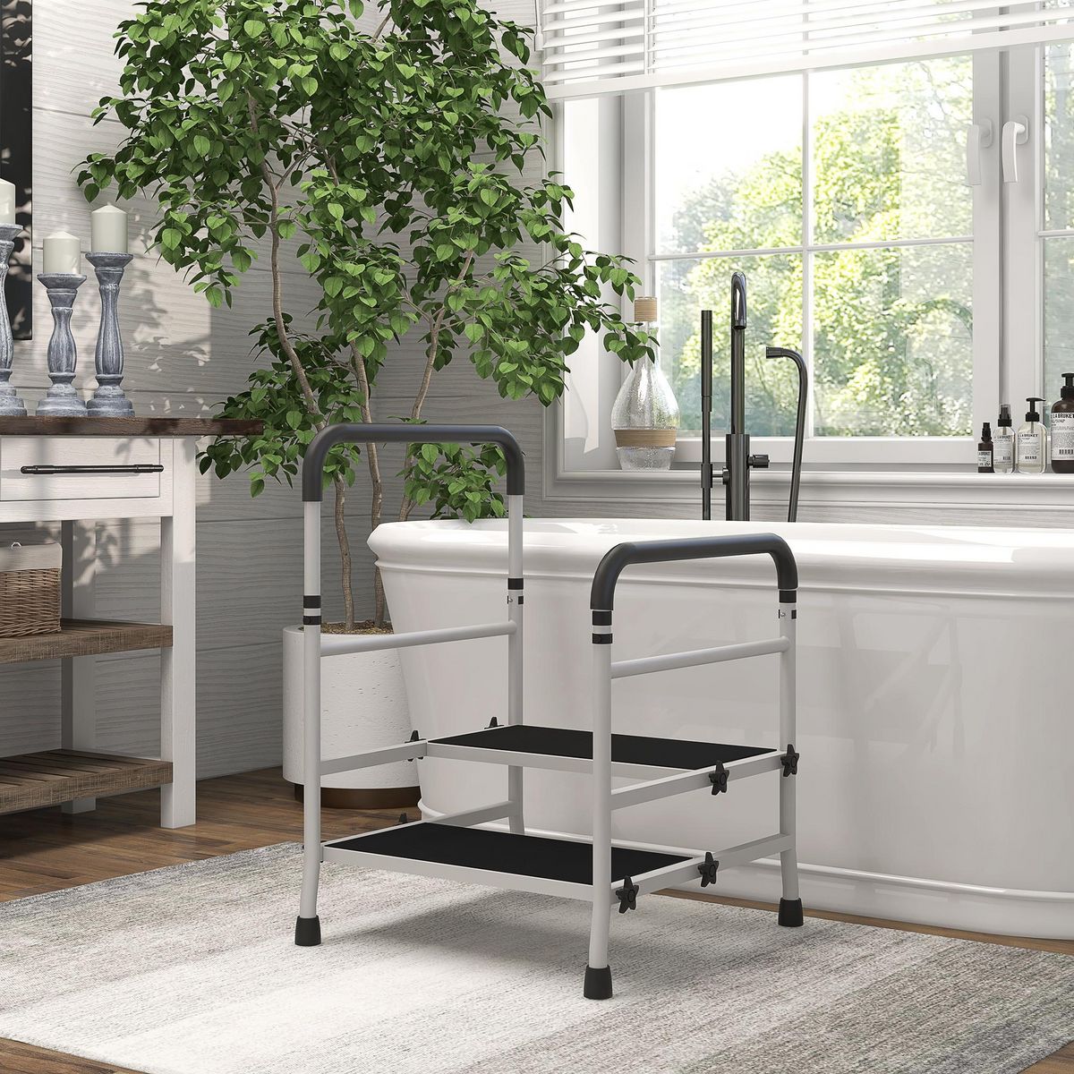 HOMCOM Marchepied de sécurité avec barres d'appui réglables en hauteur - marches d'accès au bain - merches & patins antidérapants - acier blanc EVA noir