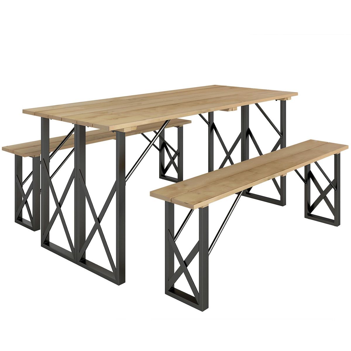 OUTSUNNY Ensemble table et 2 bancs en bois 6 personnes - table 160 cm avec espace parasol - acier épicéa