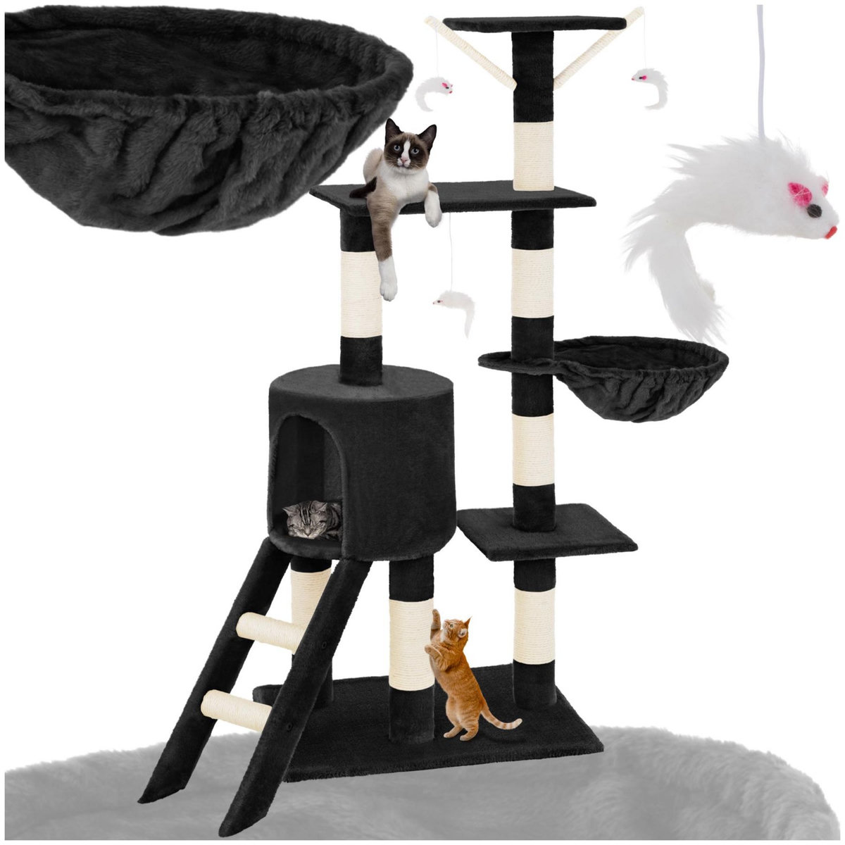 tectake Arbre à chat 144 cm avec griffoir et plateforme d'escalade noir