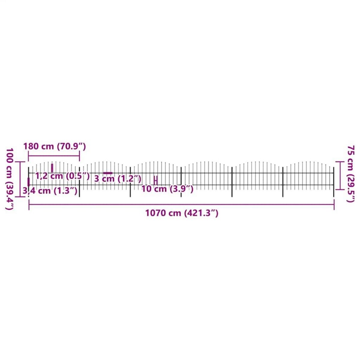 VIDAXL Cloture de jardin avec dessus en forme de lance en acier 1070 x 100 cm Noir