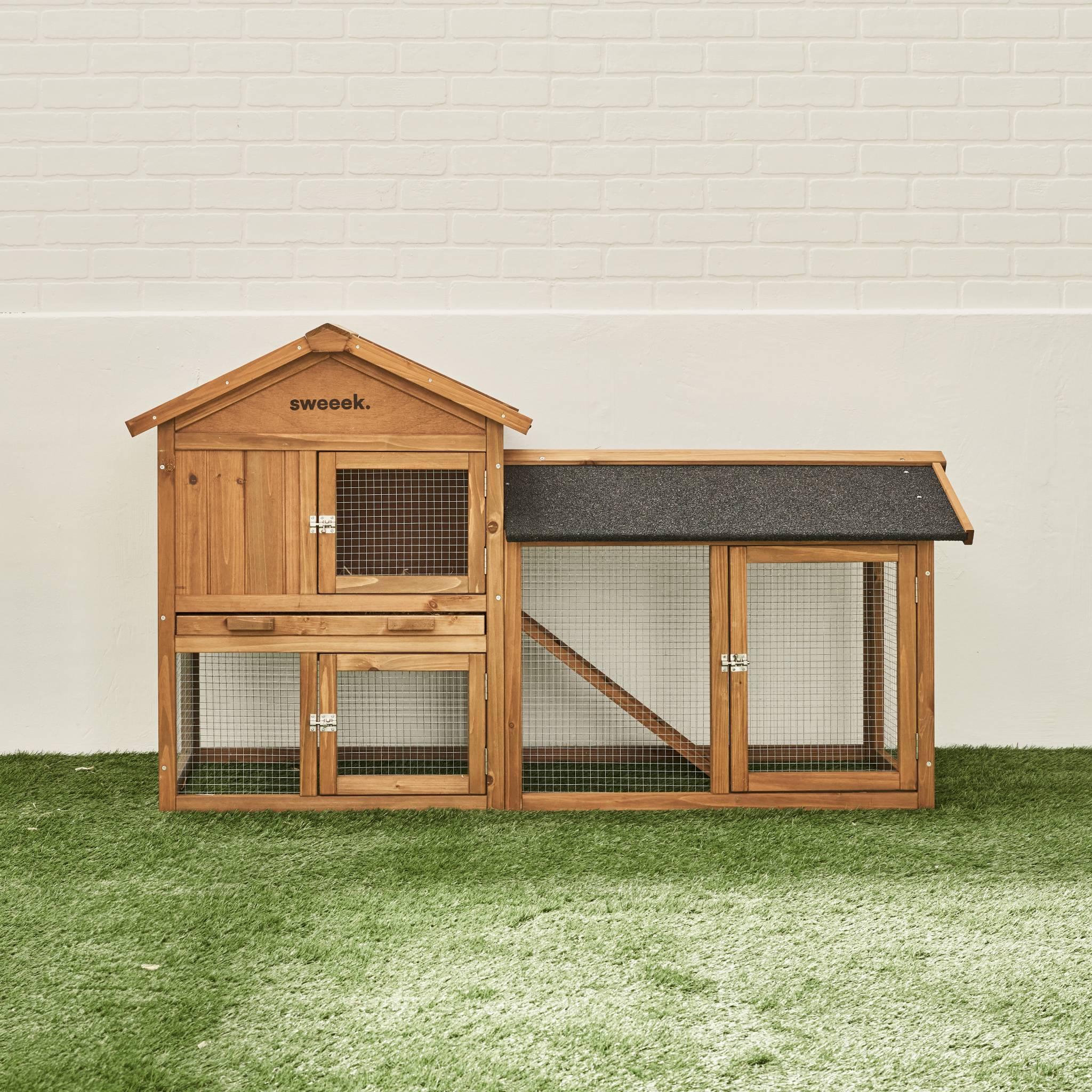 Voir la diapositive 3 : SWEEEK Clapier en bois Hotot pour lapin et autres rongeurs. 4 lapins. cage à lapin avec enclos. espace intérieur et extérieur. poulailler