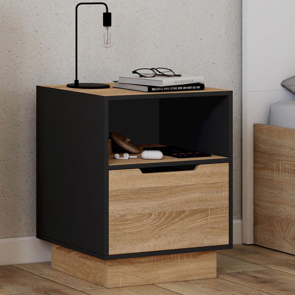 ID MARKET Lot de 2 tables de chevet OXANA 1 tiroir avec niche façon hêtre et noir