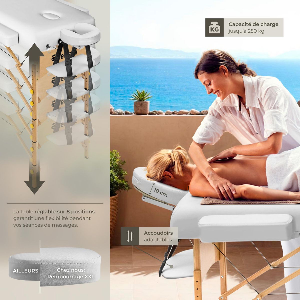 tectake Table de massage portable et pliante à 3 zones largeur 70 cm et rembourrage 10 cm blanc