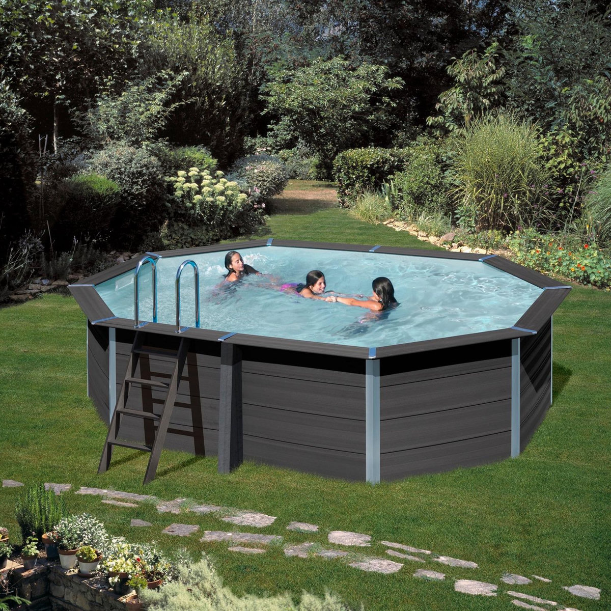 GRE Piscine hors sol octogonale en composite - Grise - 5,24 x 3,86 x H 1,24 m 