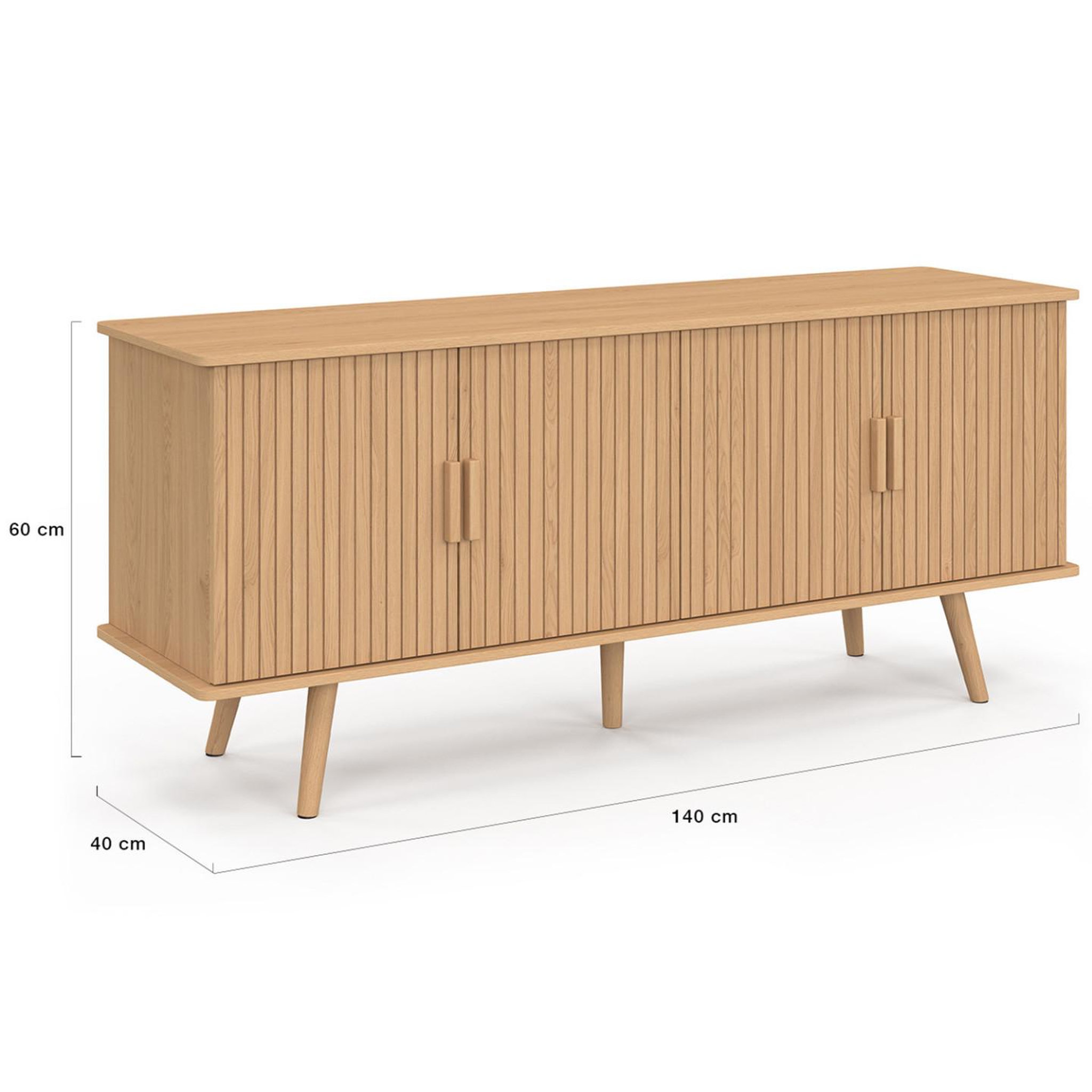 Voir la diapositive 5 : ID MARKET Buffet bas 140 cm juliette 4 portes effet lattes tasseau bois coloris chêne