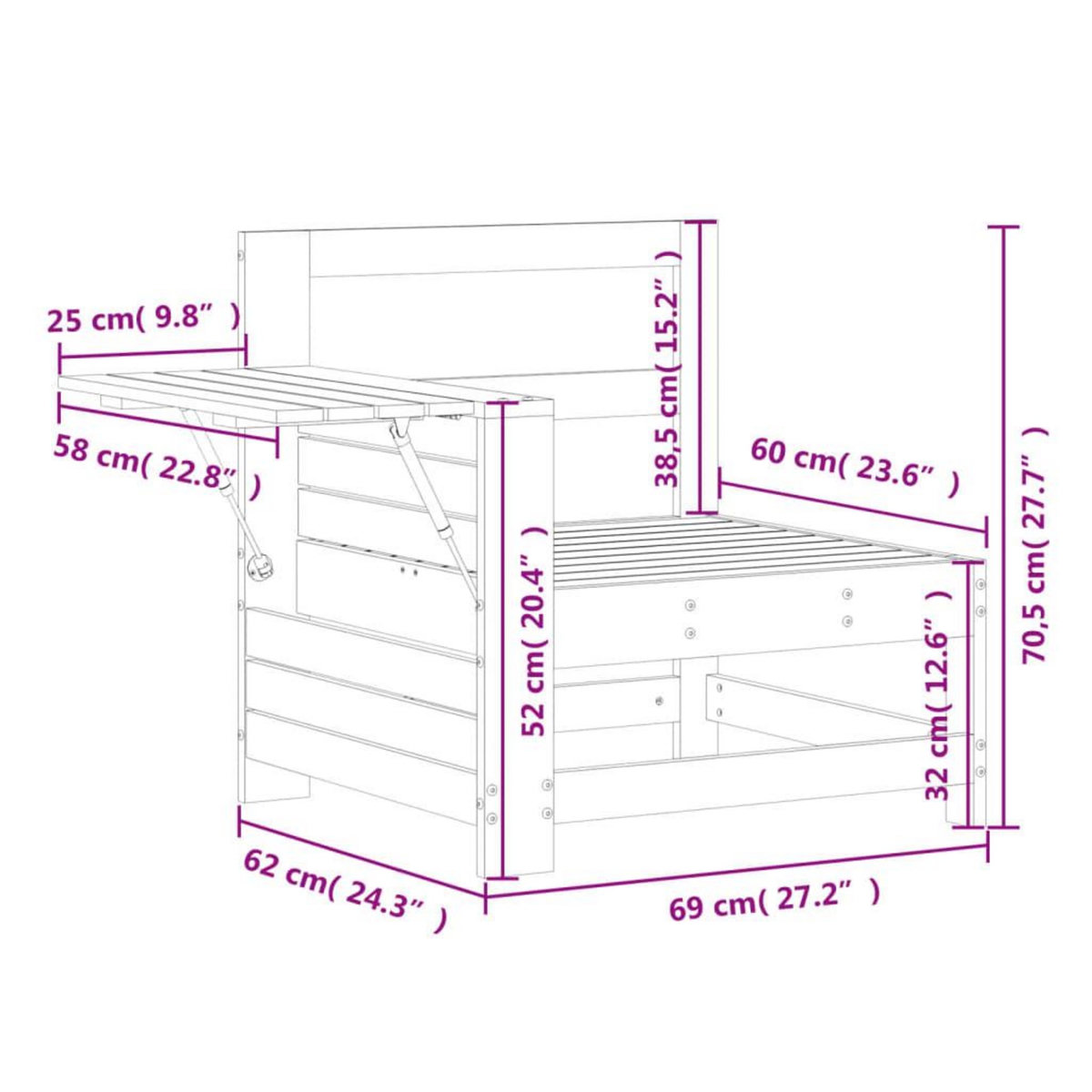 VIDAXL Canape de jardin accoudoir avec table d'appoint bois massif pin