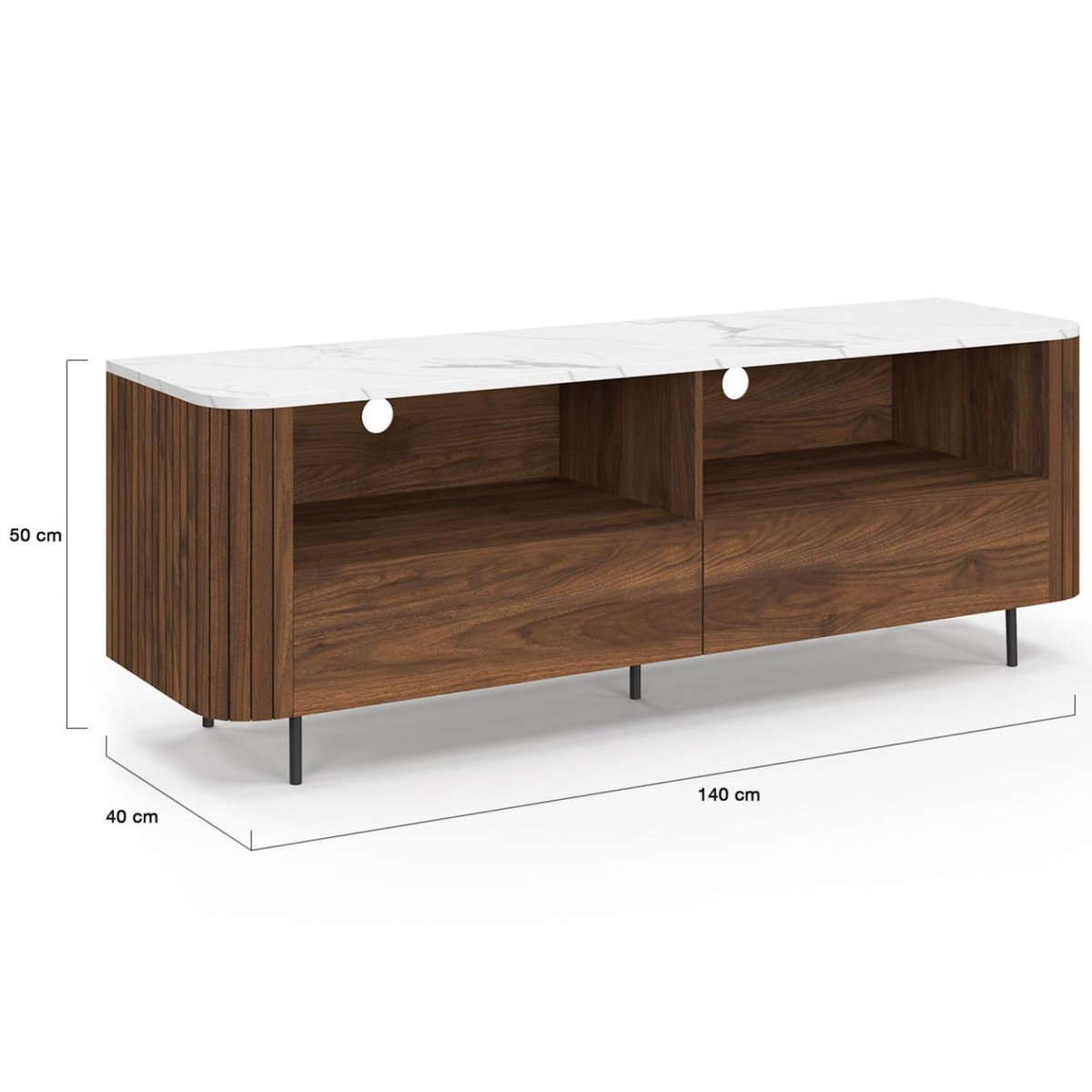 ID MARKET Meuble TV 140 cm MARLA noyer effet lattes 2 tiroirs et plateau marbre blanc ALASKA