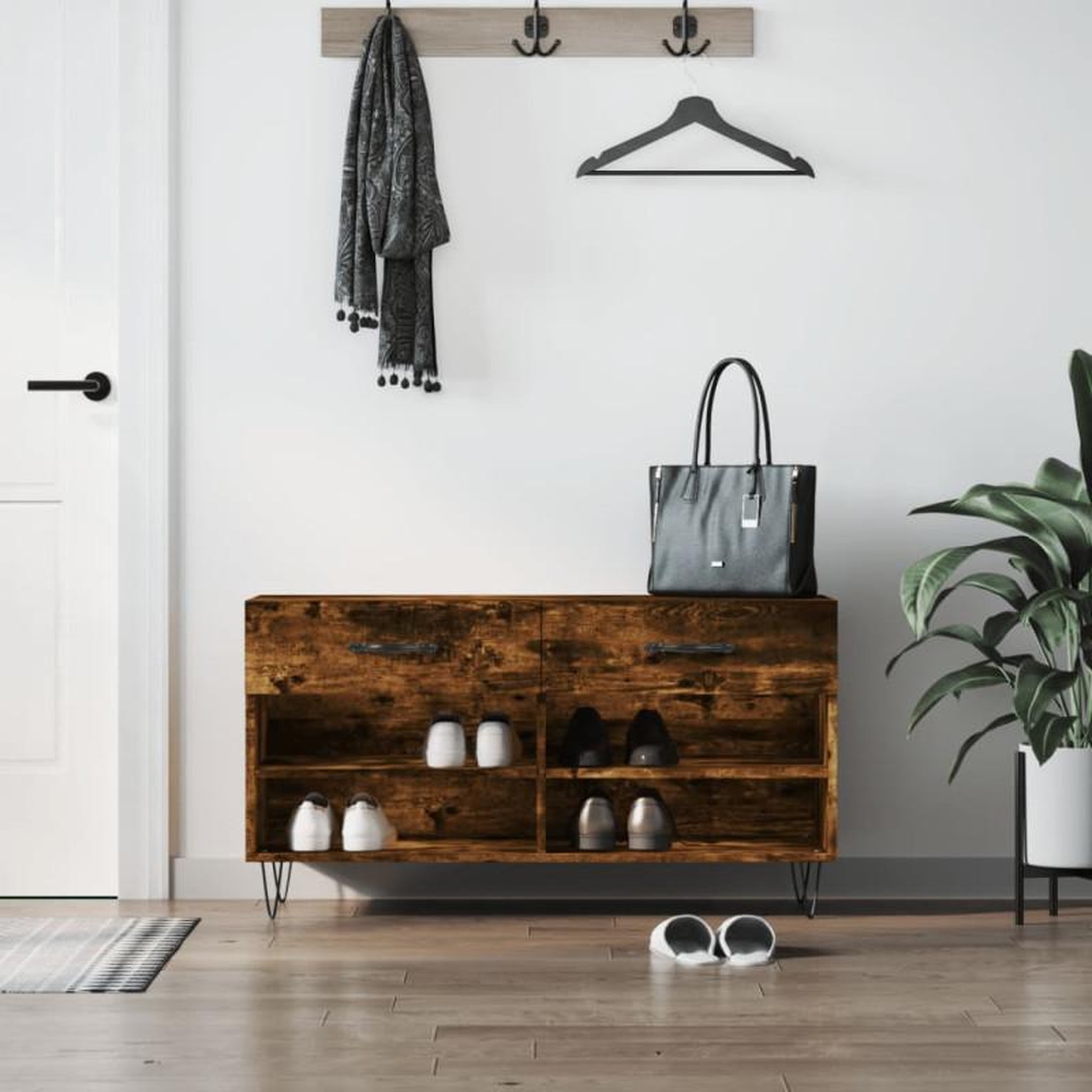 Voir la diapositive 1 : VIDAXL Banc à chaussures chêne fumé 102x35x55 cm bois d ingénierie