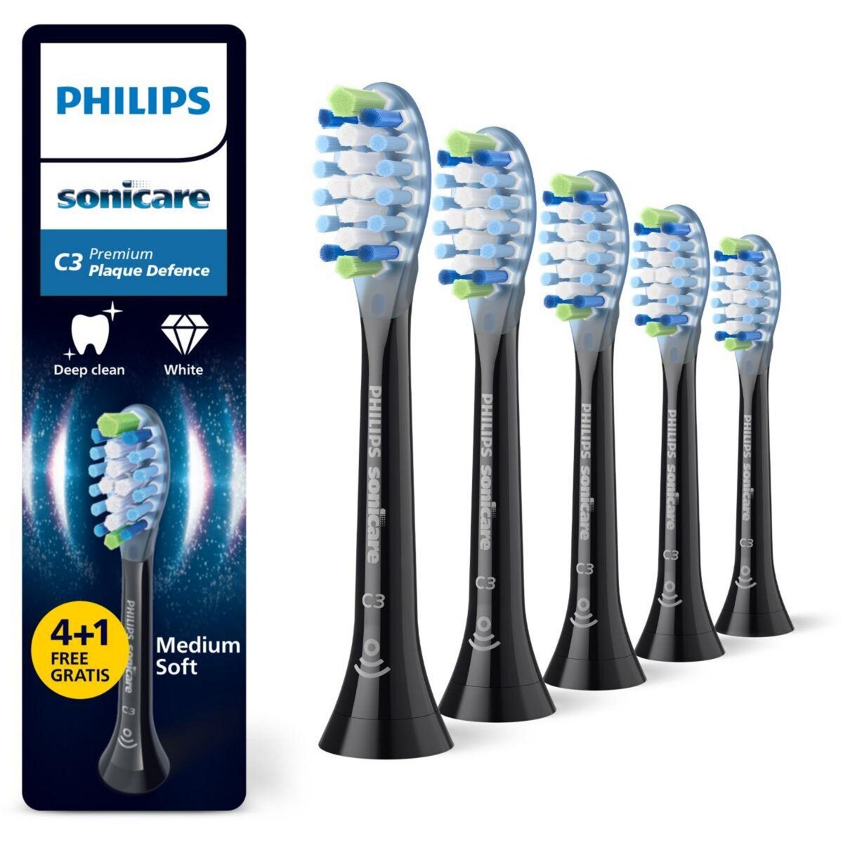 Philips Brossette dentaire Sonicare lot de 4+1 - HX9045/88  black Premium Plaque Defence C3