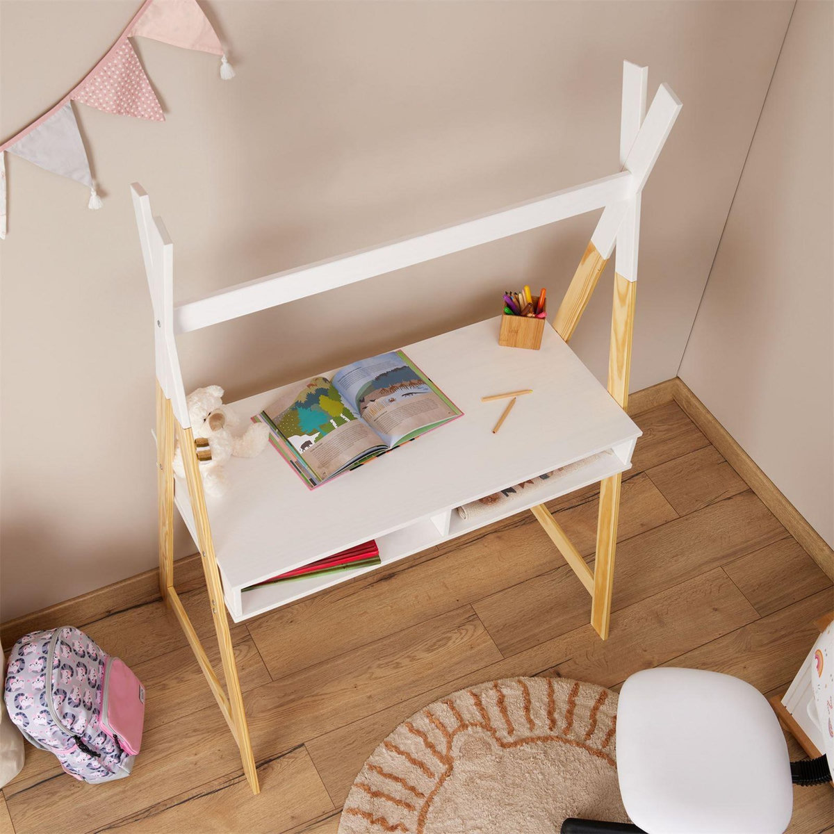 IDIMEX Bureau enfant SIMI en forme de tipi, avec 2 niches, en pin massif