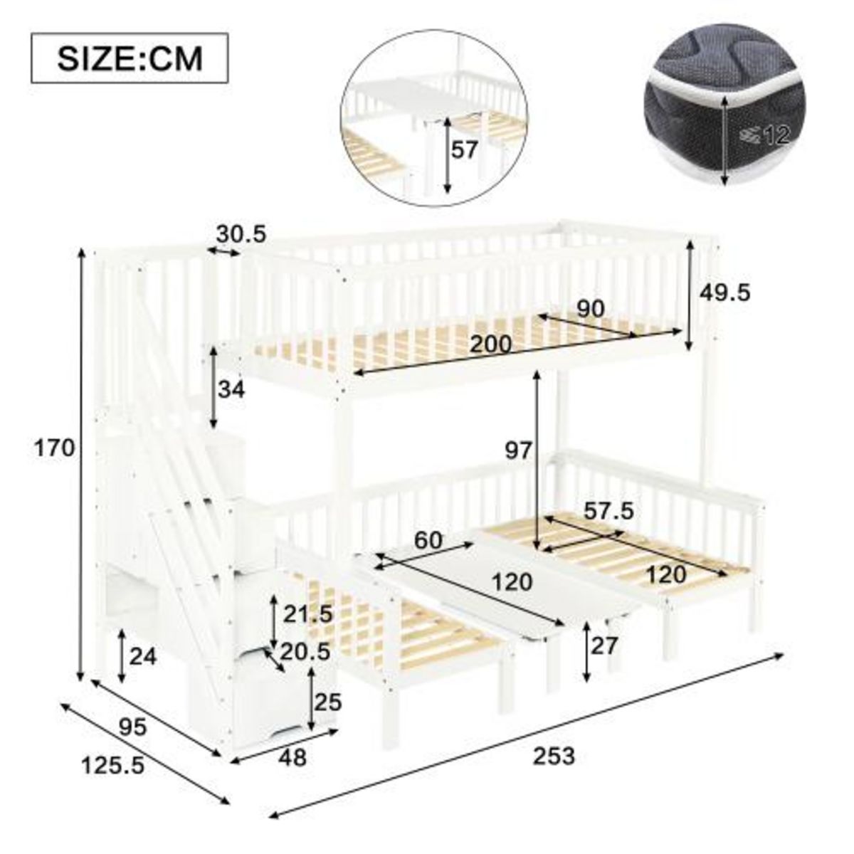 MERAX Lit superposé 90x200(120x200)cm  coloris blanc pin