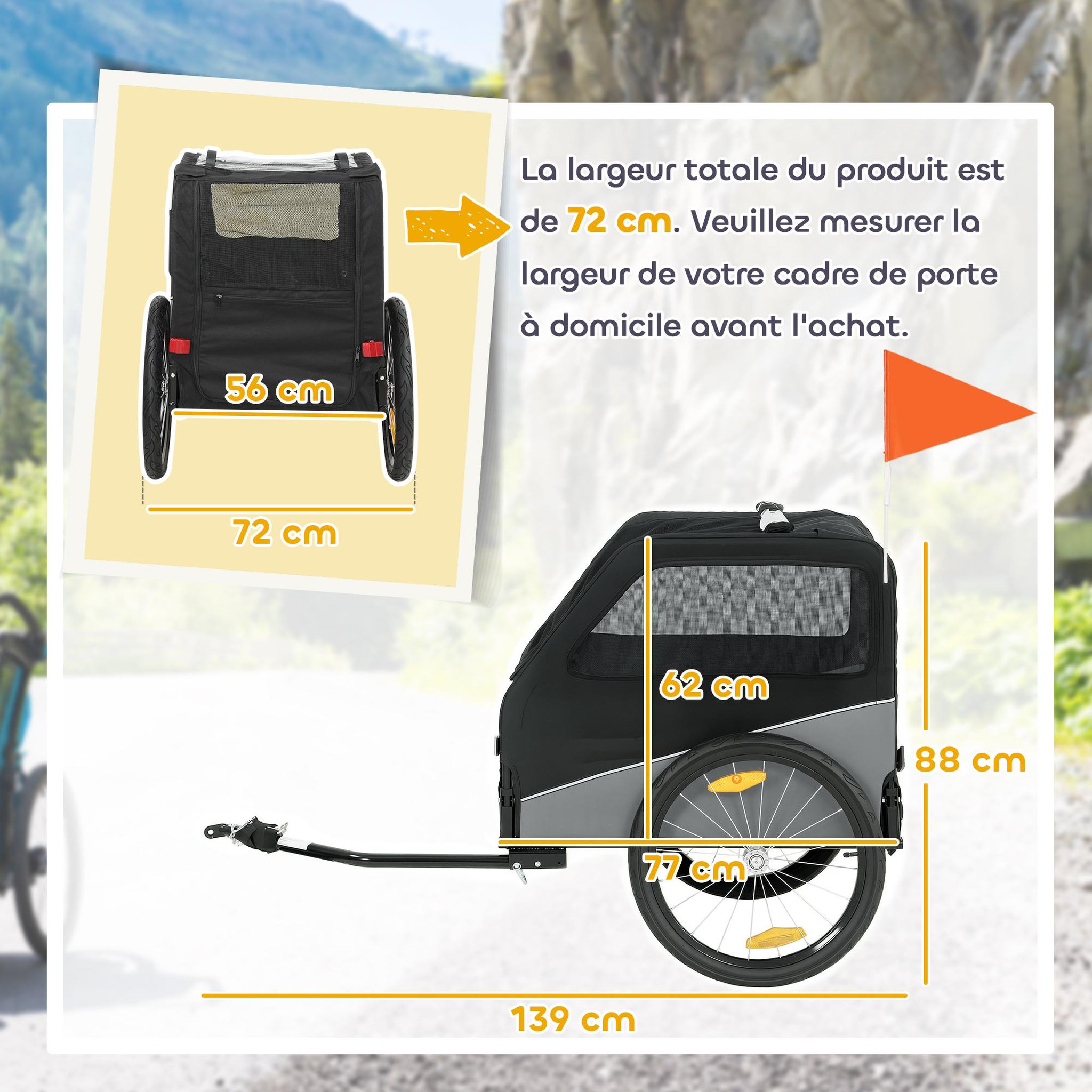 Voir la diapositive 3 : PAWHUT Remorque vélo chien pliable attache universelle pneus 20  réflecteurs drapeau harnais gris