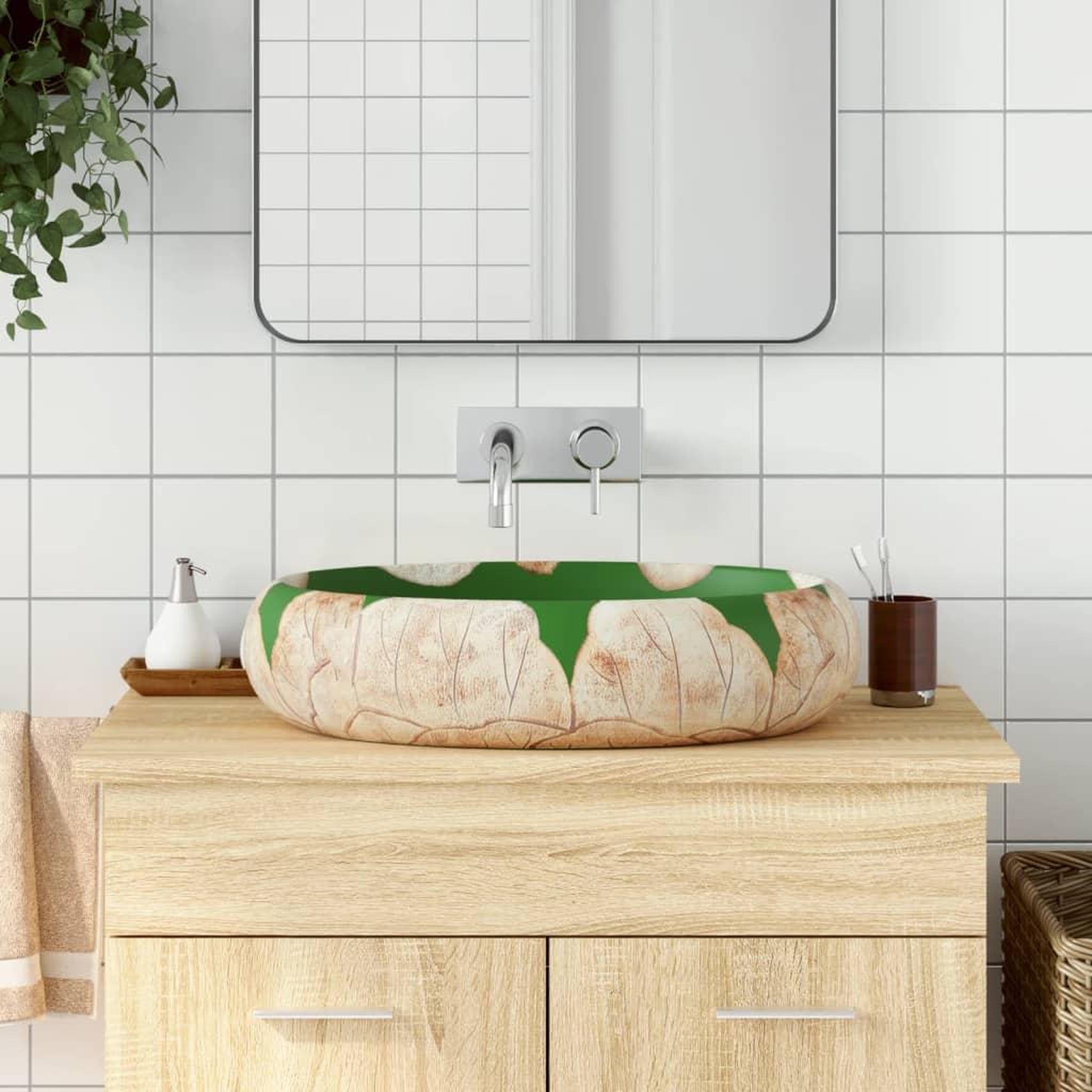 VIDAXL Vasque a poser vert et marron ovale 59x40x15 cm ceramique