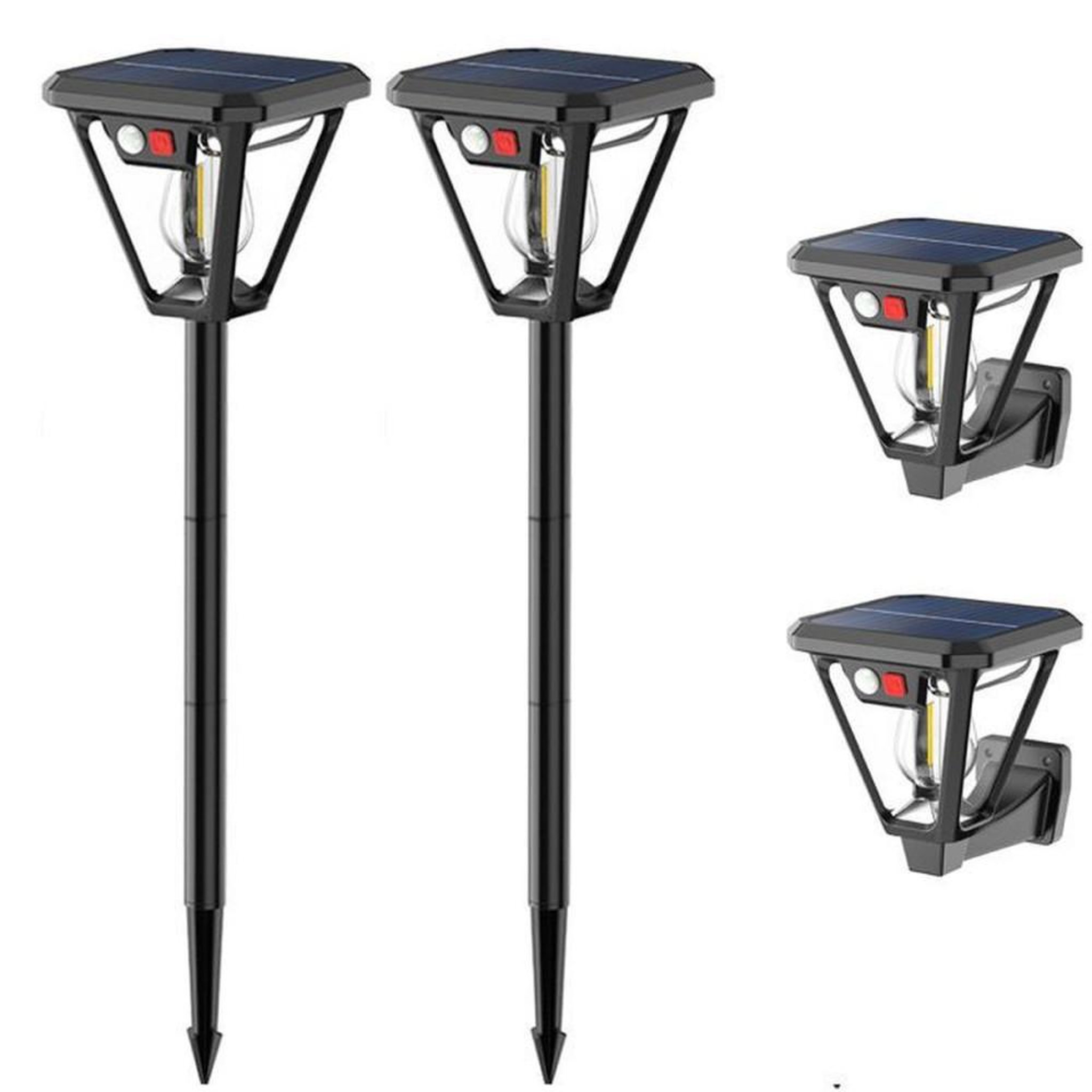 Lot de 2 lampes solaires de jardin avec détecteur de mouvement, 3 modes, design noir, fixation sur piquet, éclairage d'extérieur IP65